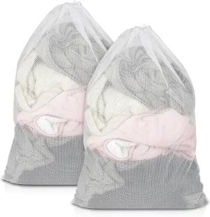 2 Pack Mesh Laundry Bags, 23 x 34 Inches Heavy Duty Mesh Laundry Bag, Large Laundry Drawstring Bag for College, Dorm, Travel, Family and Apartment Dwellers, White