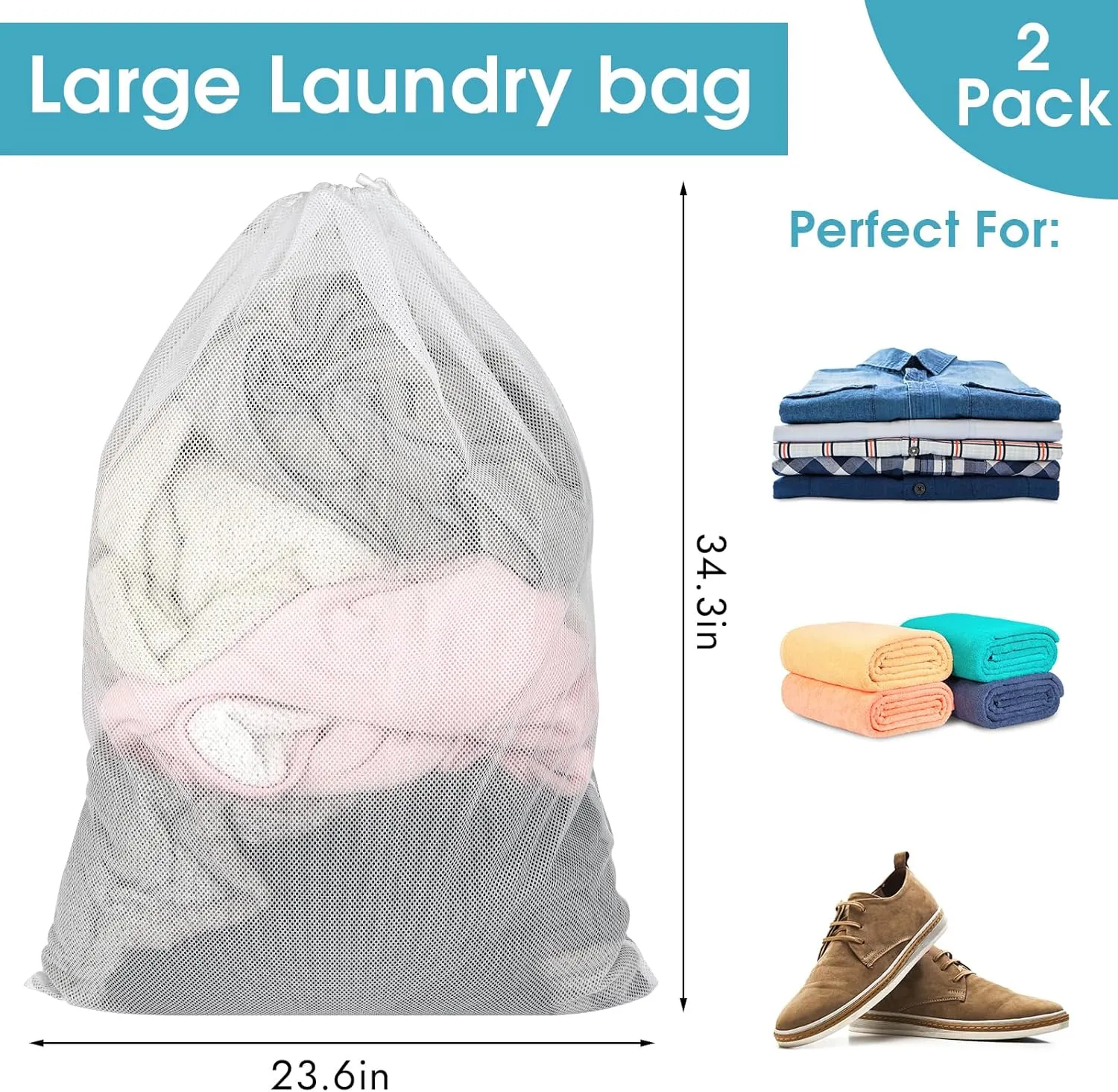 2 Pack Mesh Laundry Bags, 23 x 34 Inches Heavy Duty Mesh Laundry Bag, Large Laundry Drawstring Bag for College, Dorm, Travel, Family and Apartment Dwellers, White