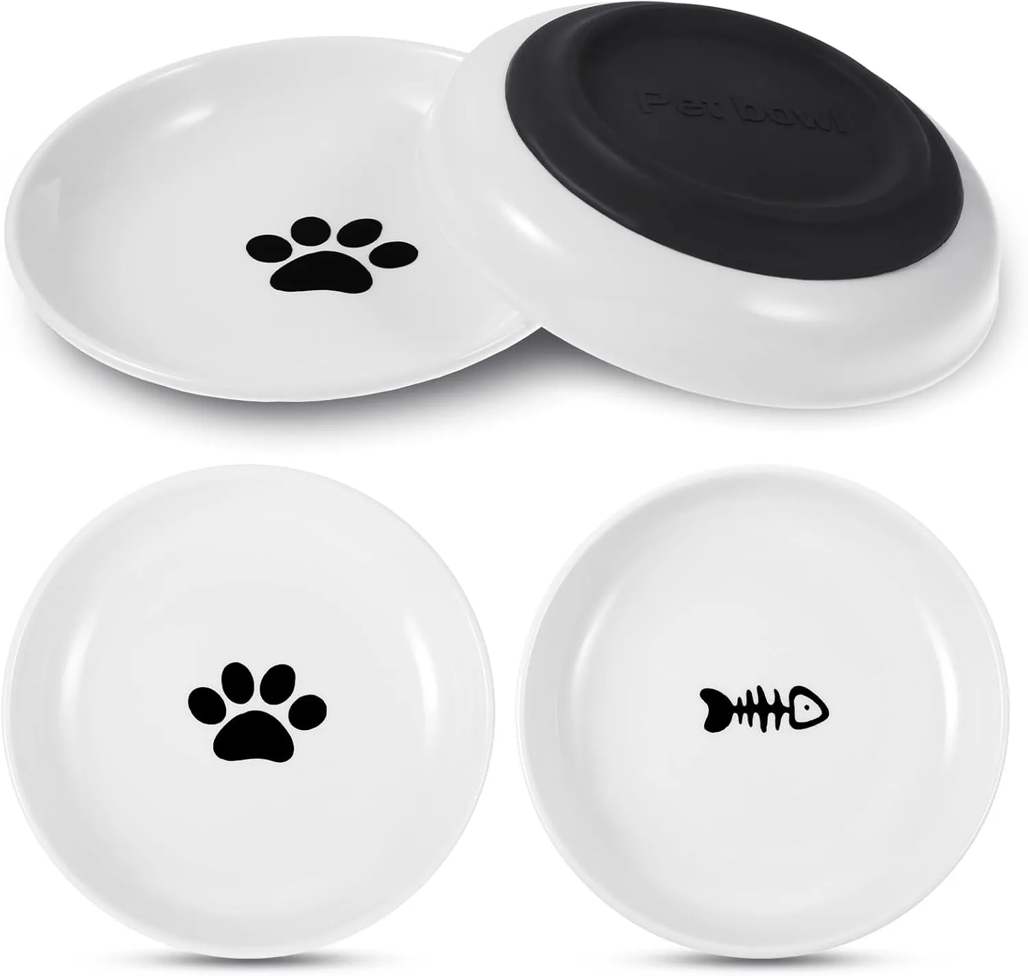 4 Pack Ceramic Cat Bowls 5.9 Inches Shallow Wide Cat Food Bowl Set with Nonslip Silicone Bottom Anti Whisker Fatigue Cats Bowl Whisker Friendly Cats Dishes and Kitten Plates for Food and Water