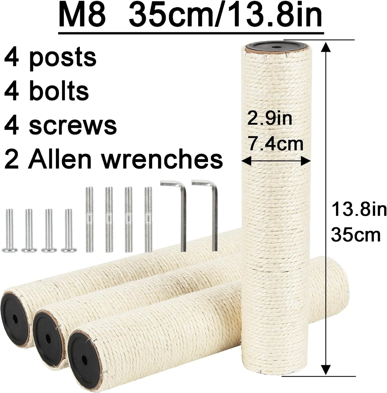 4 Pcs 2.9in 7.4cm Diameter Cat Tree Scratching Post Sisal Replacement Pole Parts (M8, 13.8in/35cm)