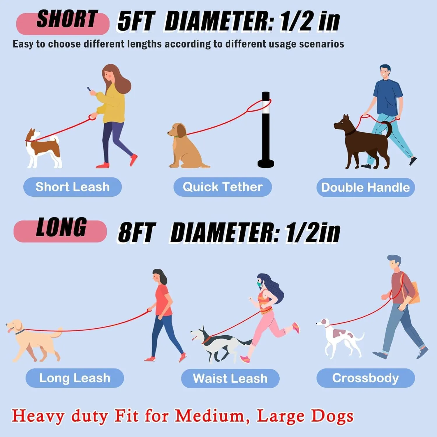 8FT Heavy Duty Dog Leash for Medium & Large Dogs - 2 Comfortable Traffic/Padded Handles, Hands-Free Hip, Waist, Crossbody Design, Ideal for Walking, Running, Training, Jogging
