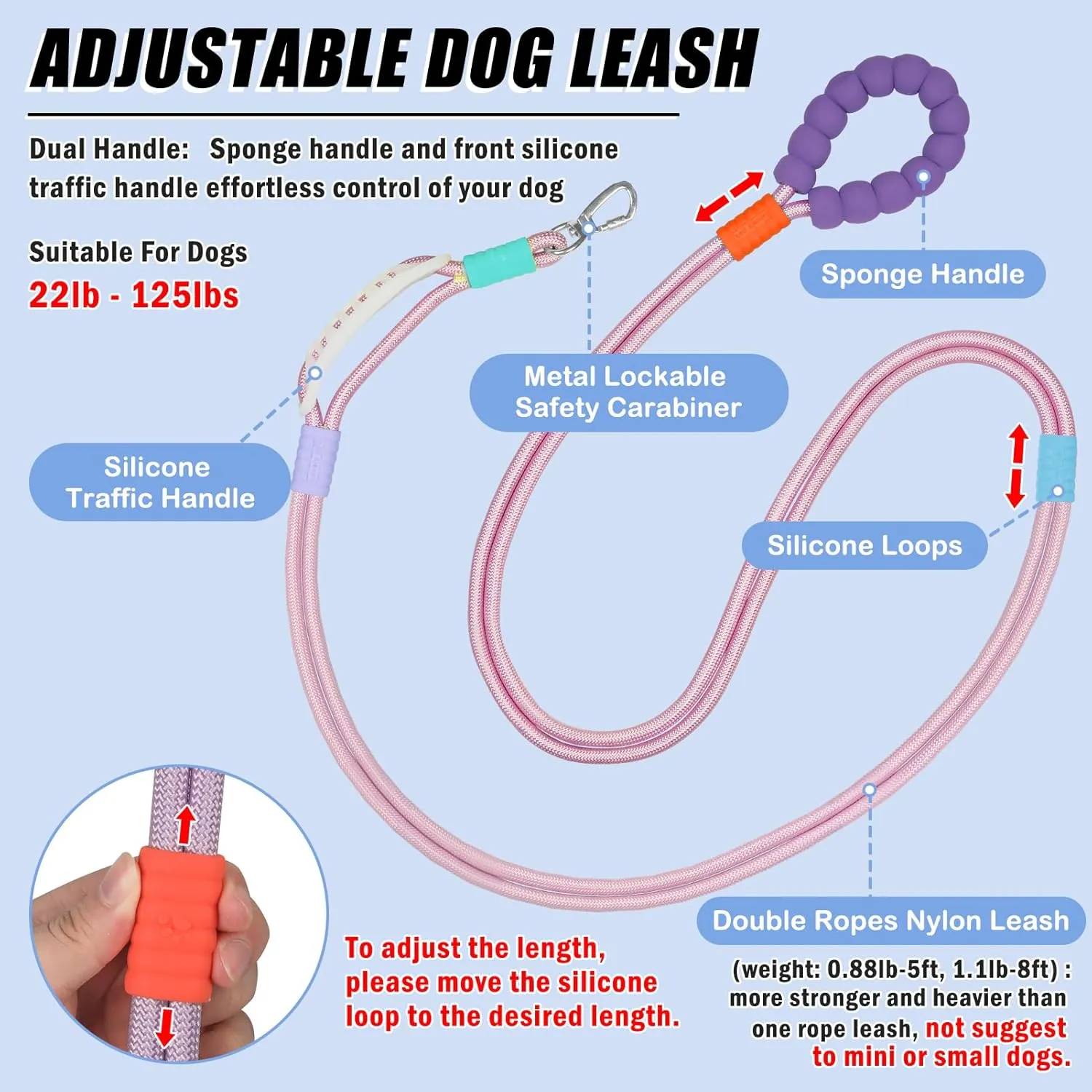 8FT Heavy Duty Dog Leash for Medium & Large Dogs - 2 Comfortable Traffic/Padded Handles, Hands-Free Hip, Waist, Crossbody Design, Ideal for Walking, Running, Training, Jogging