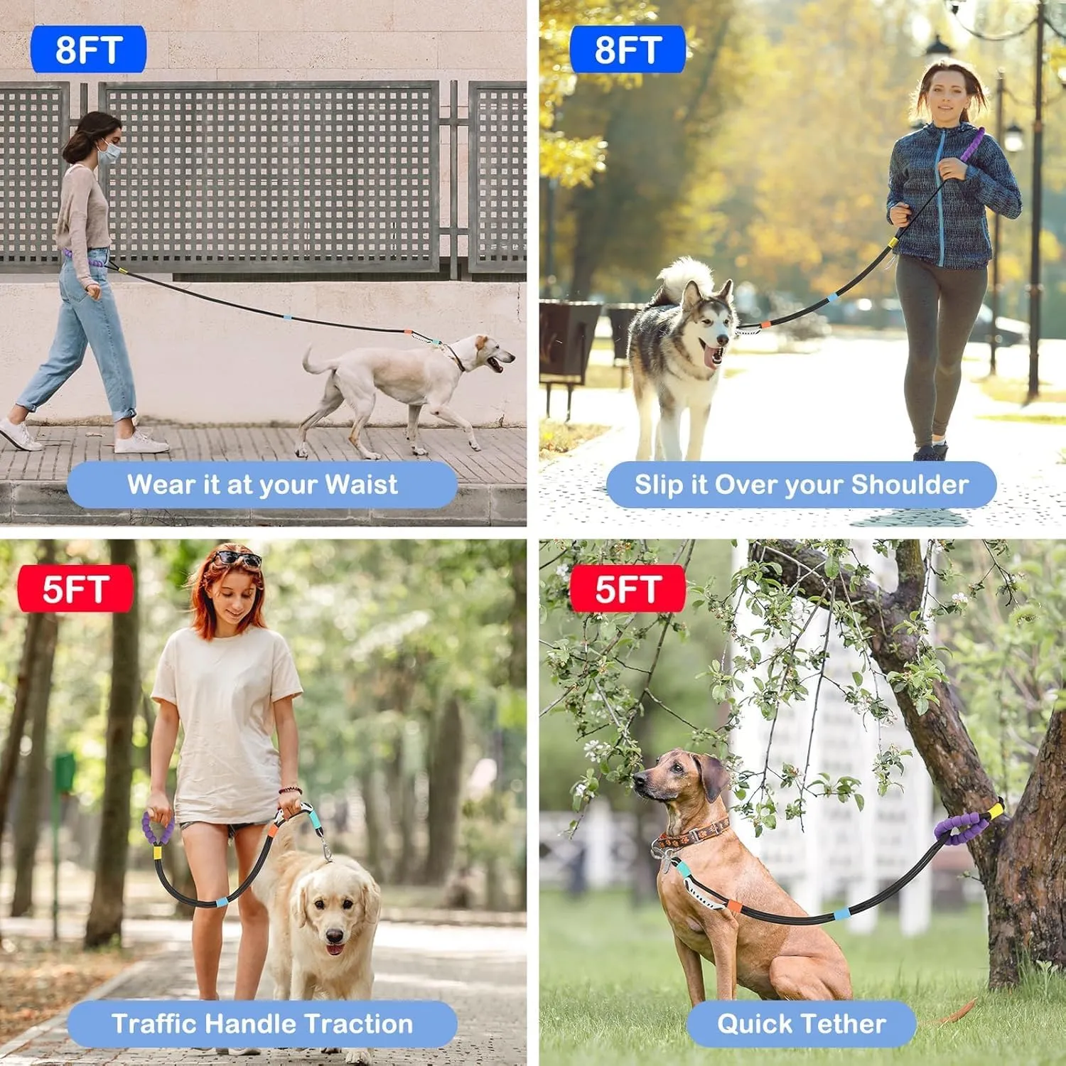 8FT Heavy Duty Dog Leash for Medium & Large Dogs - 2 Comfortable Traffic/Padded Handles, Hands-Free Hip, Waist, Crossbody Design, Ideal for Walking, Running, Training, Jogging