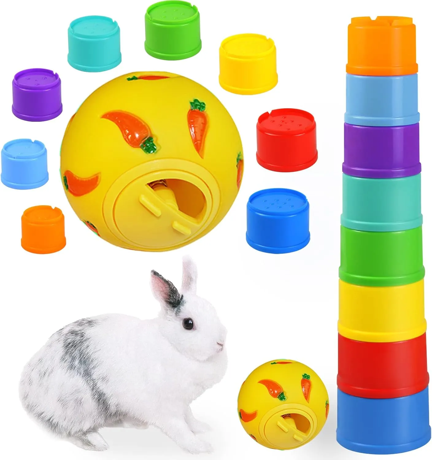 9 Pack Rabbit Stacking Cups and Bunny Treats Balls, with Multi Colored Plastic Bunny Stacking Cups Rabbit Toys, for Guinea Pigs Bunnies Hedgehogs Small Animals Hiding Food and Playing
