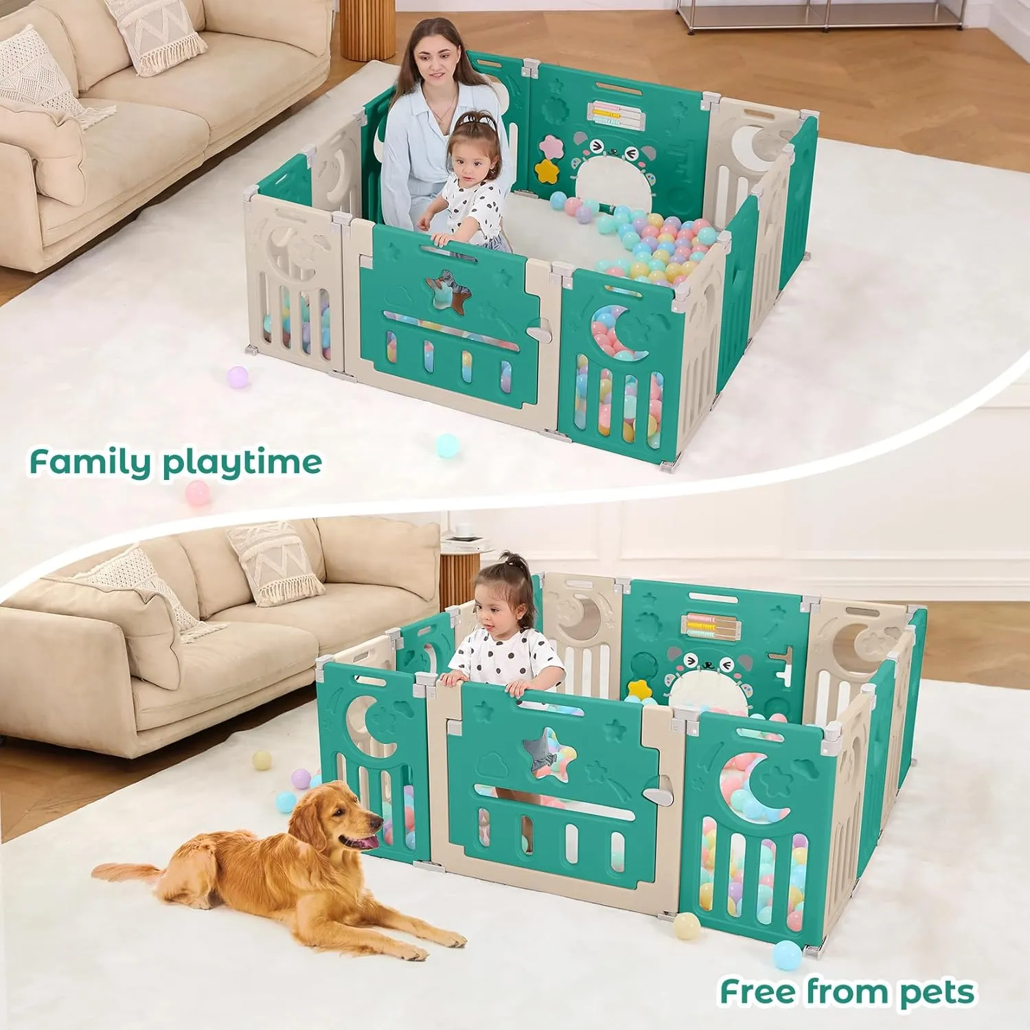 Baby Playpen, Dripex Foldable Playpen for Babies and Toddlers, Custom Shape Baby Fence, Safety Play Yard with Gate, Portable Play Area for Indoor or Outdoor, Dark Green Brown, 14 Panel