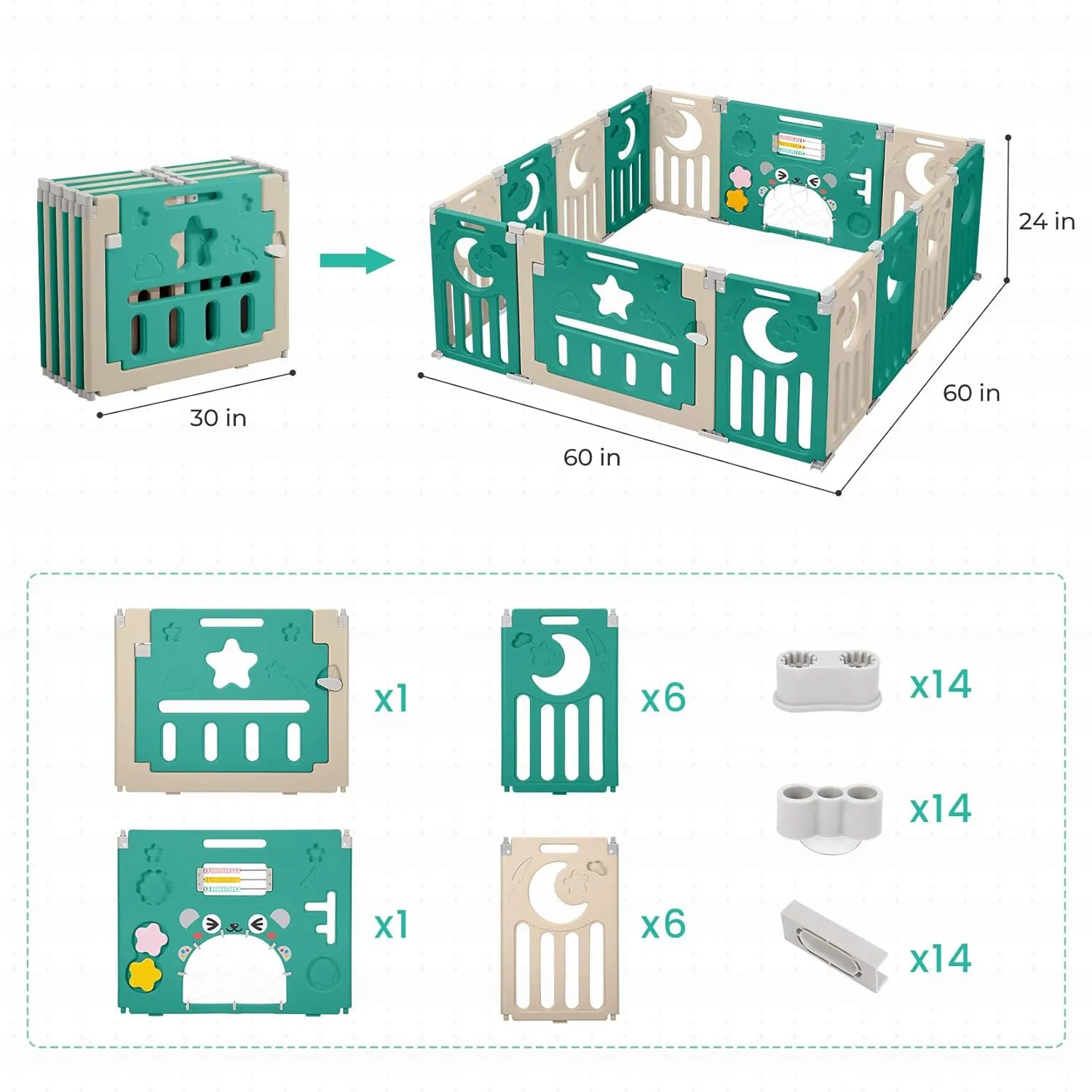 Baby Playpen, Dripex Foldable Playpen for Babies and Toddlers, Custom Shape Baby Fence, Safety Play Yard with Gate, Portable Play Area for Indoor or Outdoor, Dark Green Brown, 14 Panel