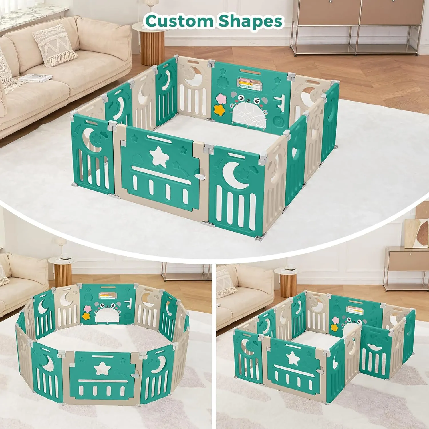 Baby Playpen, Dripex Foldable Playpen for Babies and Toddlers, Custom Shape Baby Fence, Safety Play Yard with Gate, Portable Play Area for Indoor or Outdoor, Dark Green Brown, 14 Panel