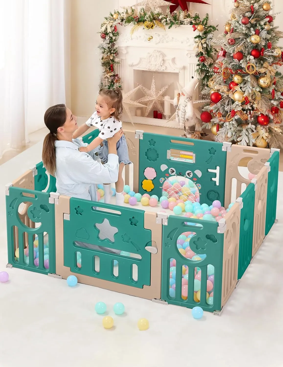 Baby Playpen, Dripex Foldable Playpen for Babies and Toddlers, Custom Shape Baby Fence, Safety Play Yard with Gate, Portable Play Area for Indoor or Outdoor, Dark Green Brown, 14 Panel