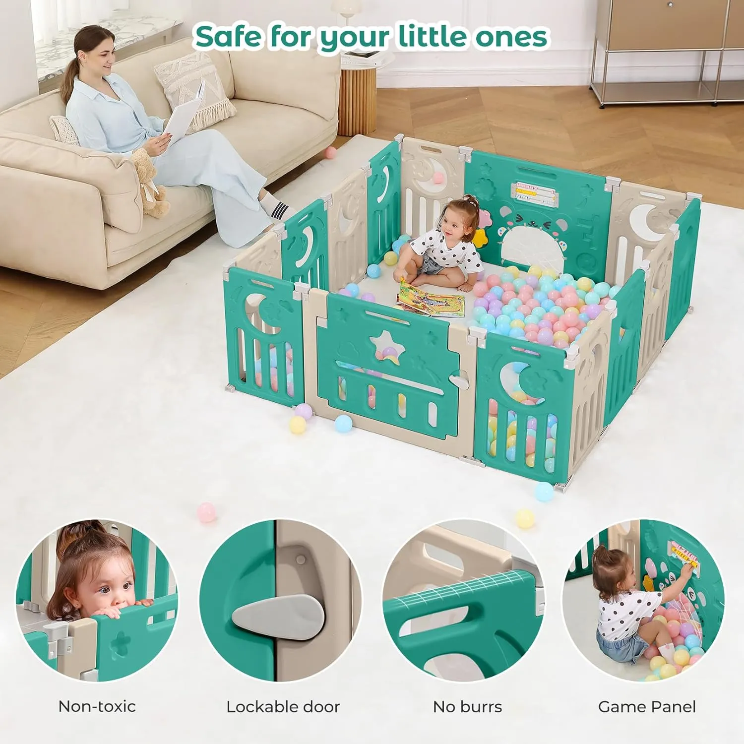 Baby Playpen, Dripex Foldable Playpen for Babies and Toddlers, Custom Shape Baby Fence, Safety Play Yard with Gate, Portable Play Area for Indoor or Outdoor, Dark Green Brown, 14 Panel