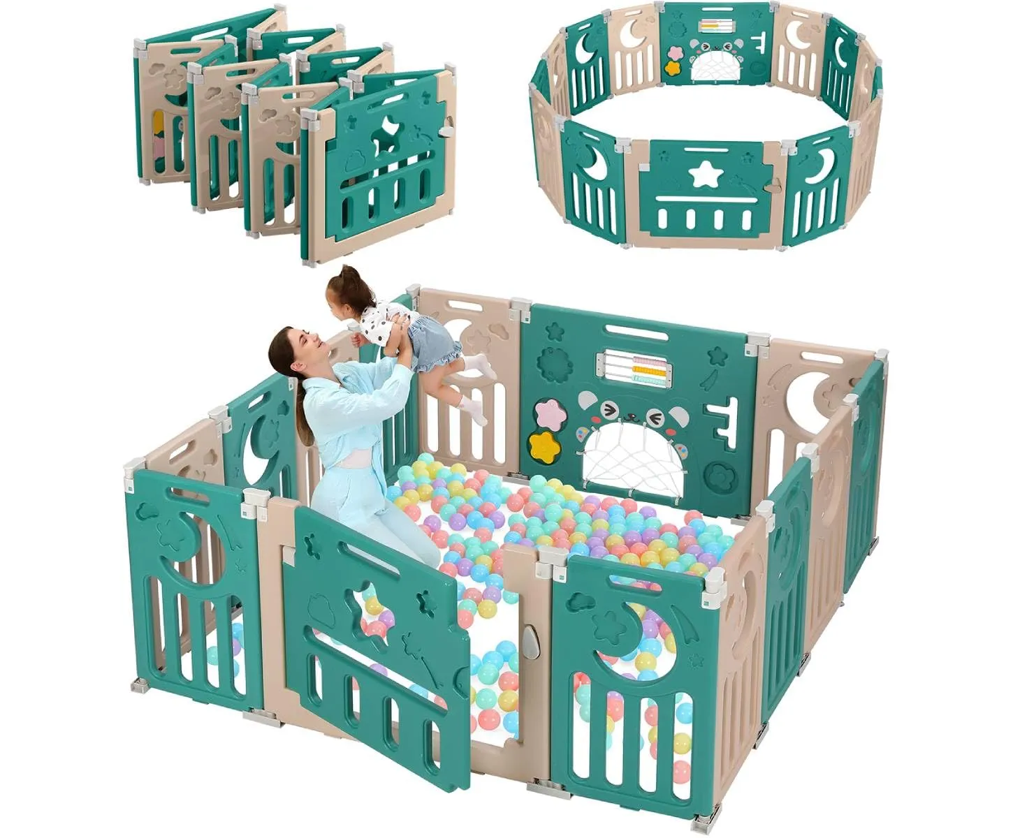 Baby Playpen, Dripex Foldable Playpen for Babies and Toddlers, Custom Shape Baby Fence, Safety Play Yard with Gate, Portable Play Area for Indoor or Outdoor, Dark Green Brown, 14 Panel