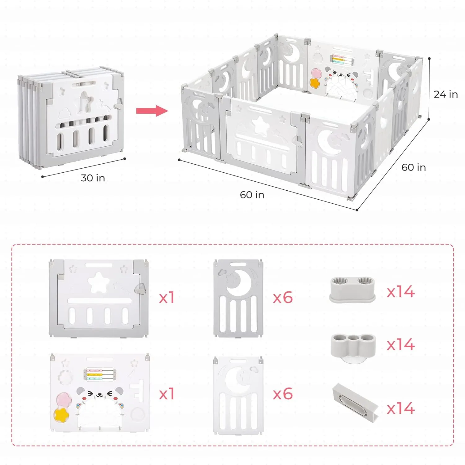 Baby Playpen, Dripex Foldable Playpen for Babies and Toddlers, Custom Shape Baby Fence, Safety Play Yard with Gate, Portable Play Area for Indoor or Outdoor, Light Grey White,14 Panel