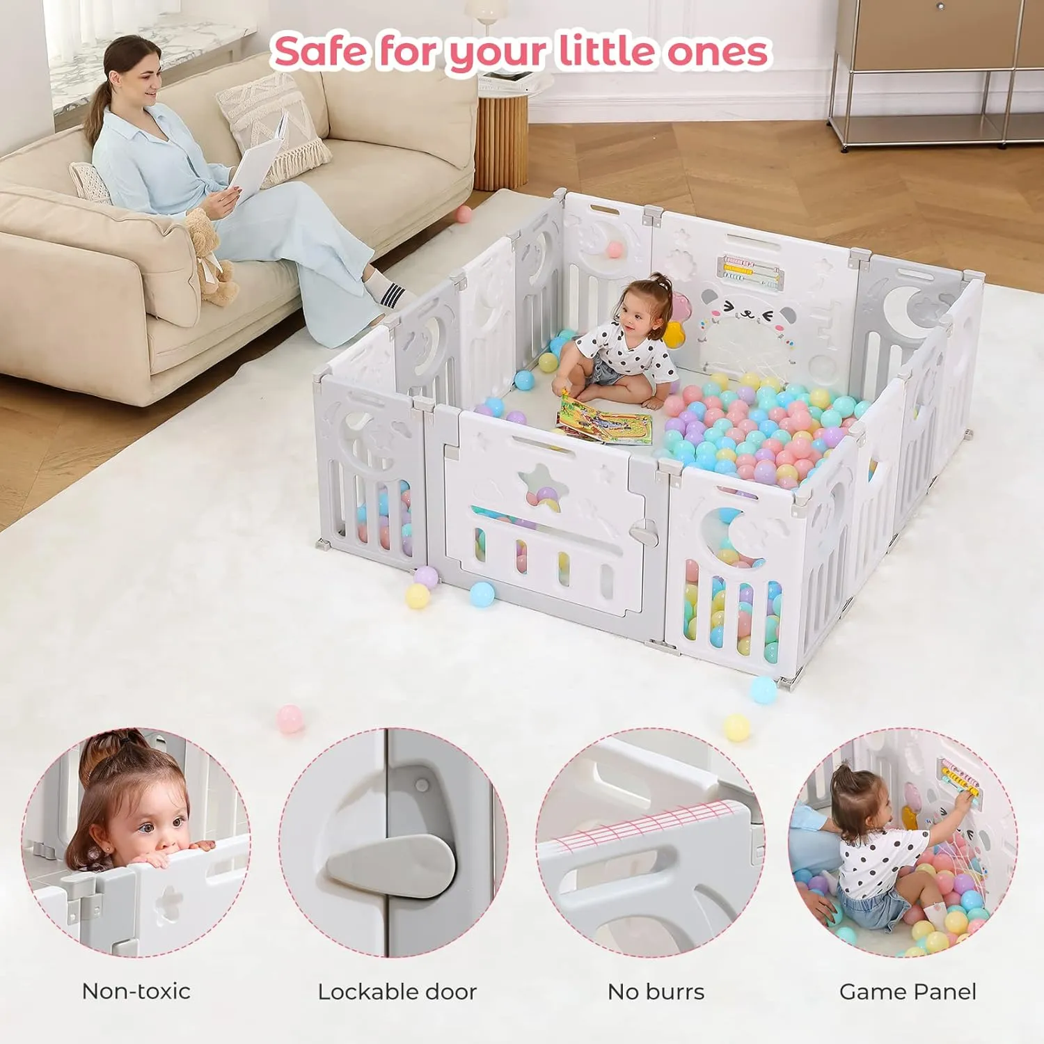 Baby Playpen, Dripex Foldable Playpen for Babies and Toddlers, Custom Shape Baby Fence, Safety Play Yard with Gate, Portable Play Area for Indoor or Outdoor, Light Grey White,14 Panel