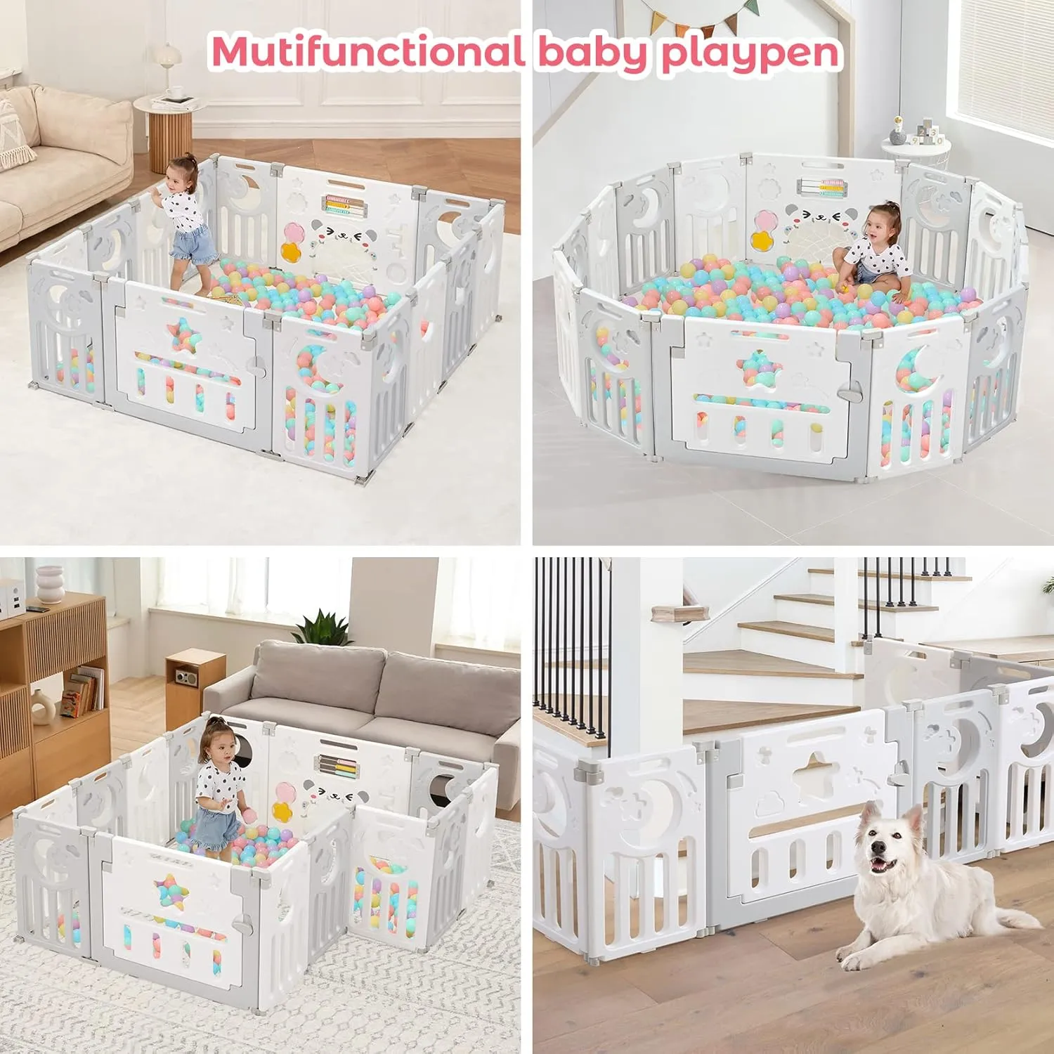 Baby Playpen, Dripex Foldable Playpen for Babies and Toddlers, Custom Shape Baby Fence, Safety Play Yard with Gate, Portable Play Area for Indoor or Outdoor, Light Grey White,14 Panel