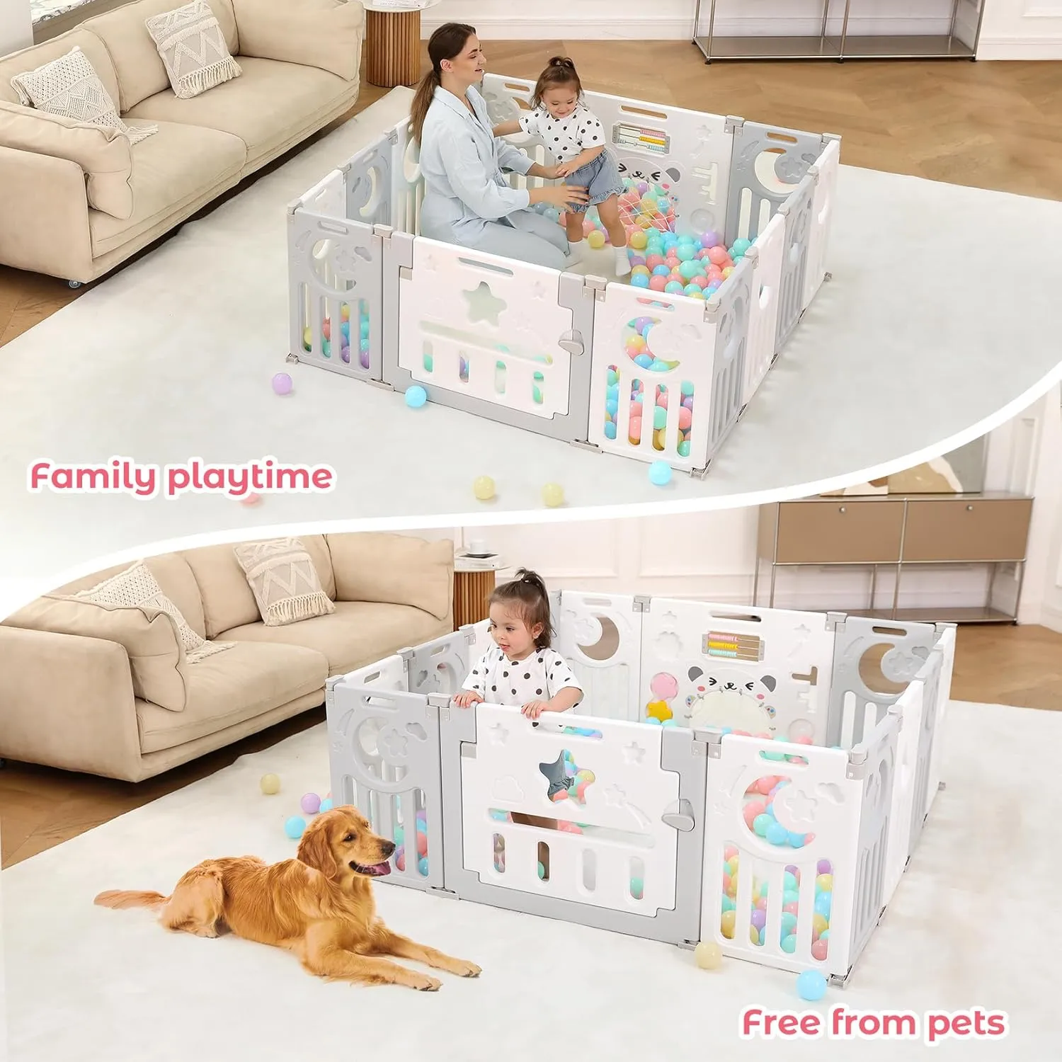 Baby Playpen, Dripex Foldable Playpen for Babies and Toddlers, Custom Shape Baby Fence, Safety Play Yard with Gate, Portable Play Area for Indoor or Outdoor, Light Grey White,14 Panel