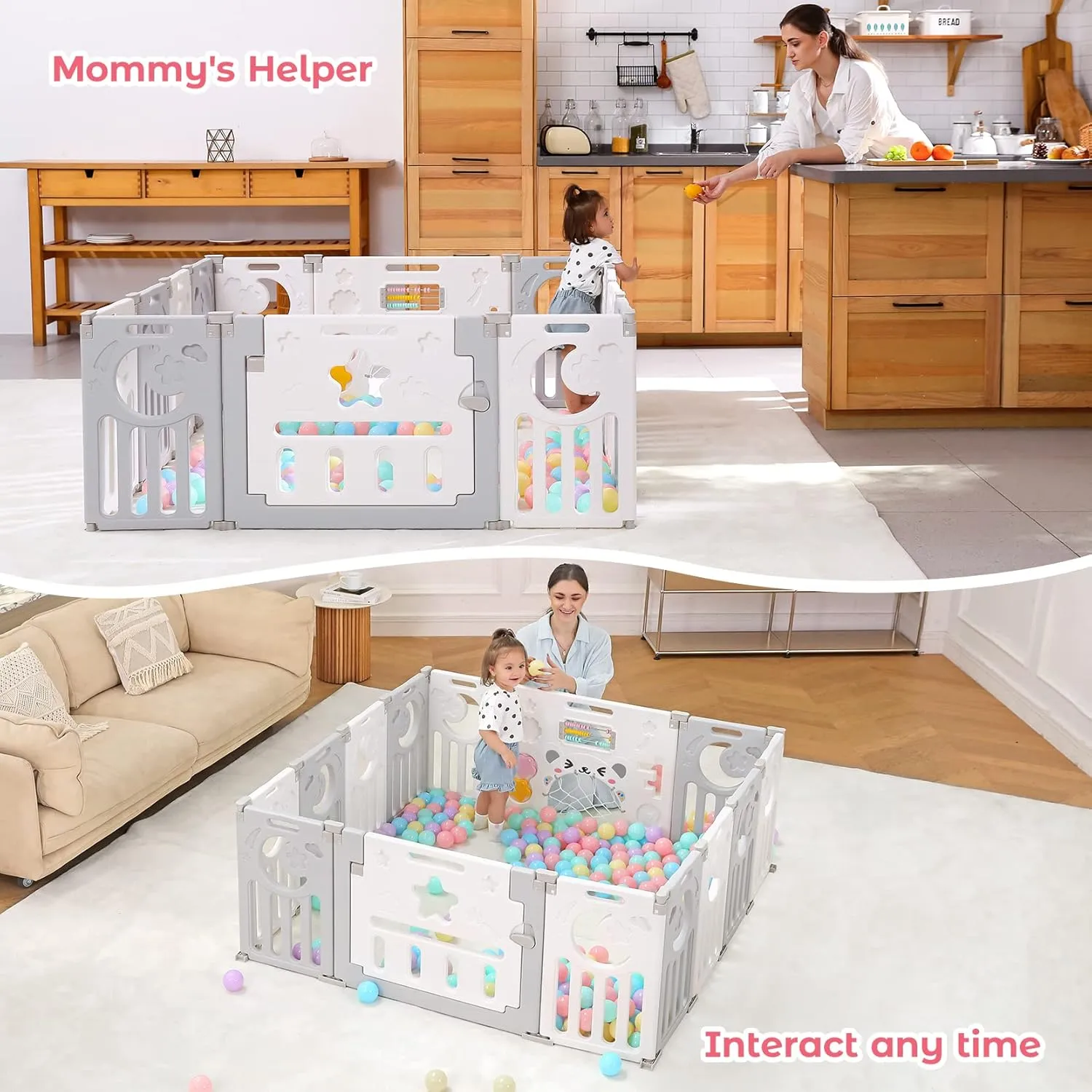 Baby Playpen, Dripex Foldable Playpen for Babies and Toddlers, Custom Shape Baby Fence, Safety Play Yard with Gate, Portable Play Area for Indoor or Outdoor, Light Grey White,14 Panel
