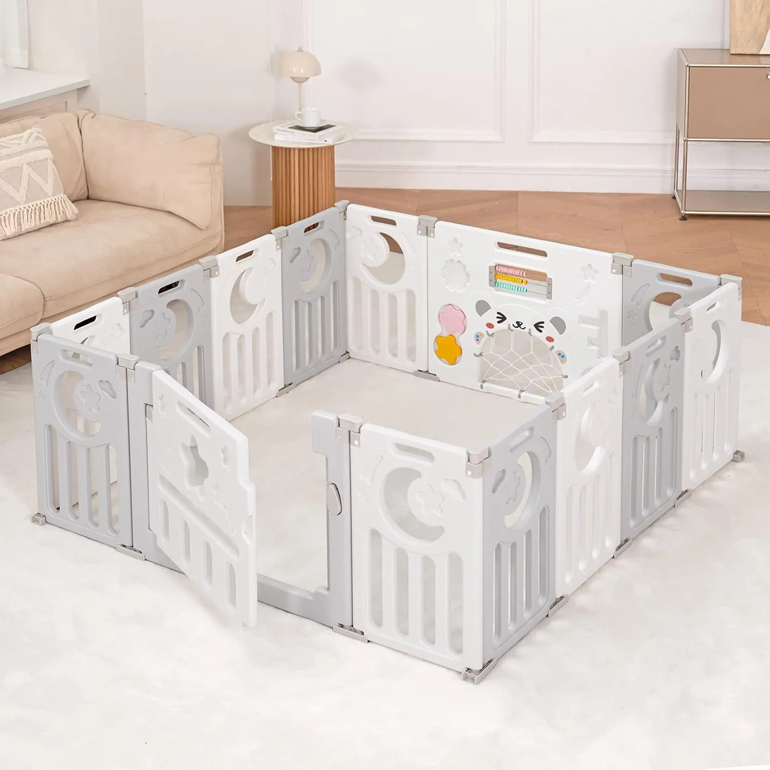 Baby Playpen, Dripex Foldable Playpen for Babies and Toddlers, Custom Shape Baby Fence, Safety Play Yard with Gate, Portable Play Area for Indoor or Outdoor, Light Grey White,14 Panel