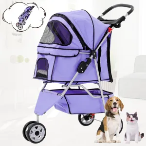 BLKMTY Dog Stroller Folding Pet Stroller 3 Wheels Cat Stroller Foldable Stroller Waterproof Travel Carrier Strolling Cart for Puppy Jogger Stroller W/Cup Holder & Storage Basket, Purple