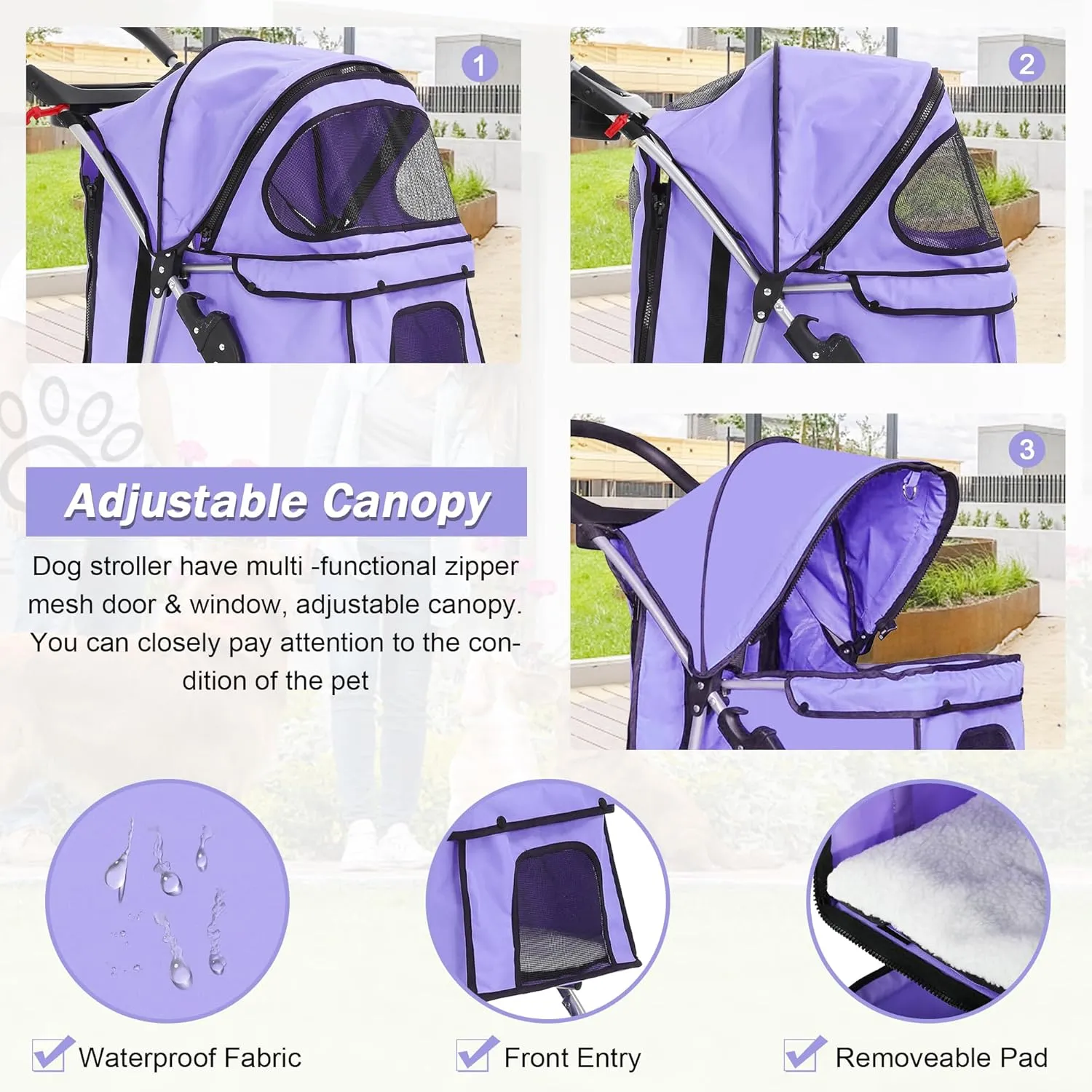 BLKMTY Dog Stroller Folding Pet Stroller 3 Wheels Cat Stroller Foldable Stroller Waterproof Travel Carrier Strolling Cart for Puppy Jogger Stroller W/Cup Holder & Storage Basket, Purple