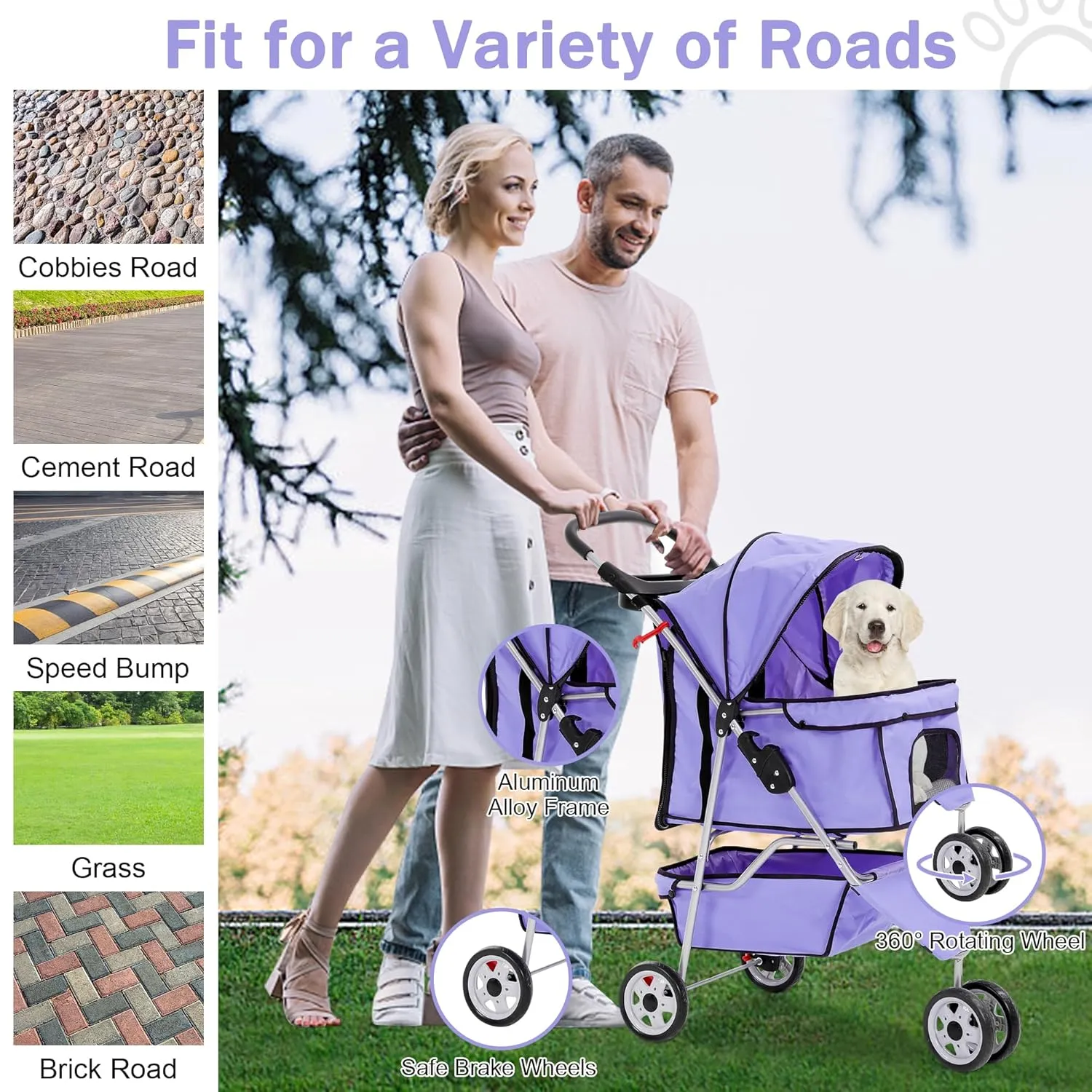 BLKMTY Dog Stroller Folding Pet Stroller 3 Wheels Cat Stroller Foldable Stroller Waterproof Travel Carrier Strolling Cart for Puppy Jogger Stroller W/Cup Holder & Storage Basket, Purple