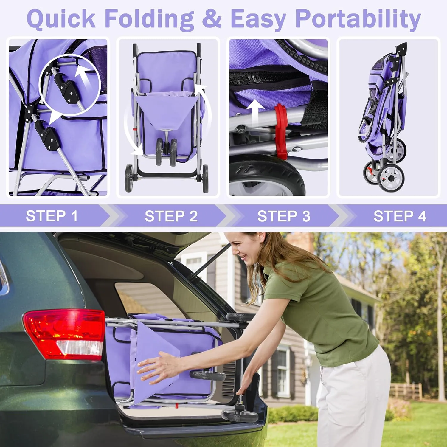 BLKMTY Dog Stroller Folding Pet Stroller 3 Wheels Cat Stroller Foldable Stroller Waterproof Travel Carrier Strolling Cart for Puppy Jogger Stroller W/Cup Holder & Storage Basket, Purple