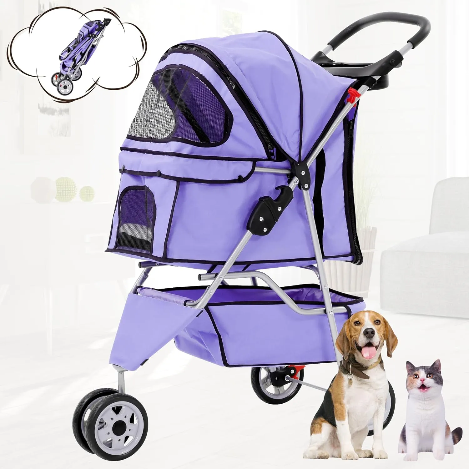BLKMTY Dog Stroller Folding Pet Stroller 3 Wheels Cat Stroller Foldable Stroller Waterproof Travel Carrier Strolling Cart for Puppy Jogger Stroller W/Cup Holder & Storage Basket, Purple