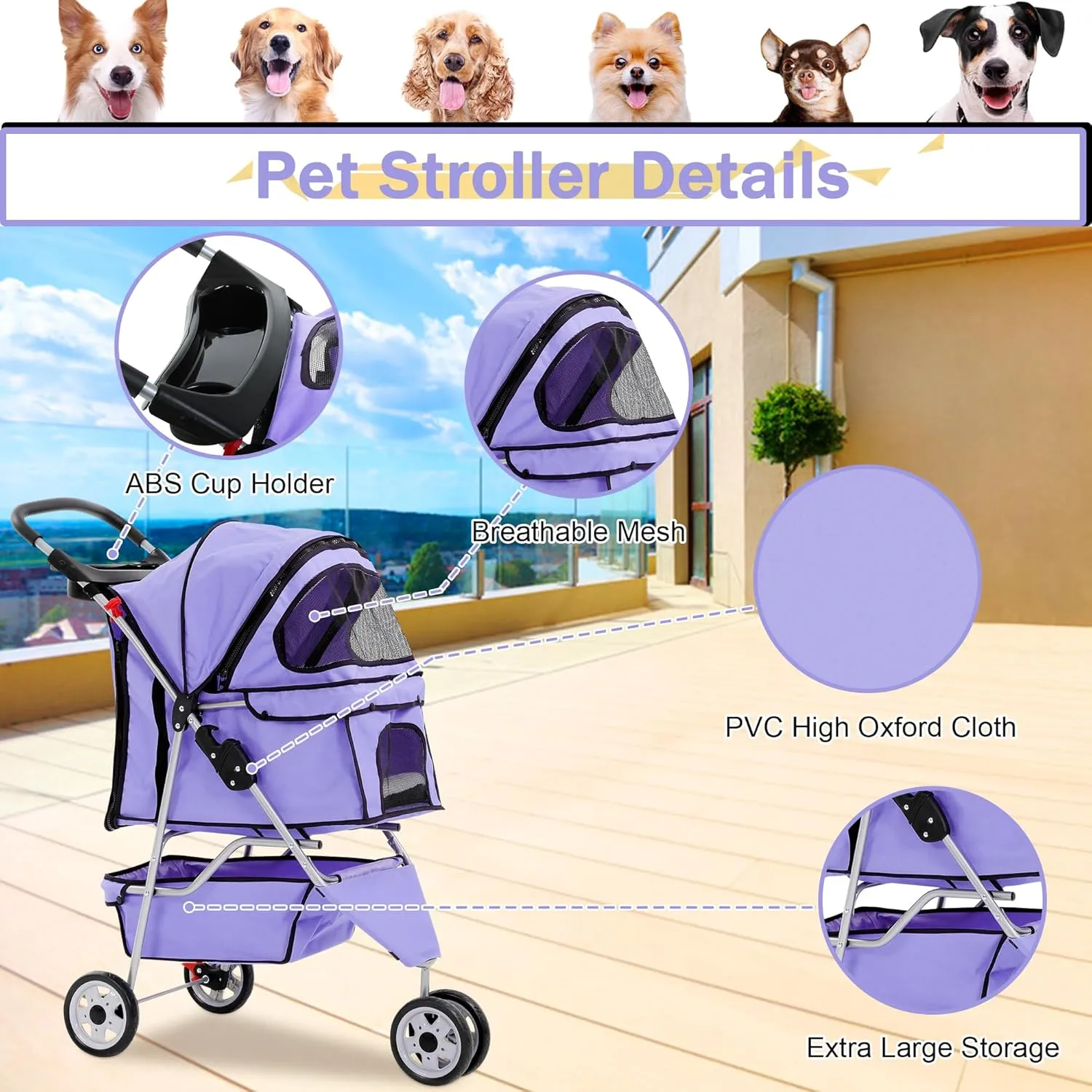 BLKMTY Dog Stroller Folding Pet Stroller 3 Wheels Cat Stroller Foldable Stroller Waterproof Travel Carrier Strolling Cart for Puppy Jogger Stroller W/Cup Holder & Storage Basket, Purple