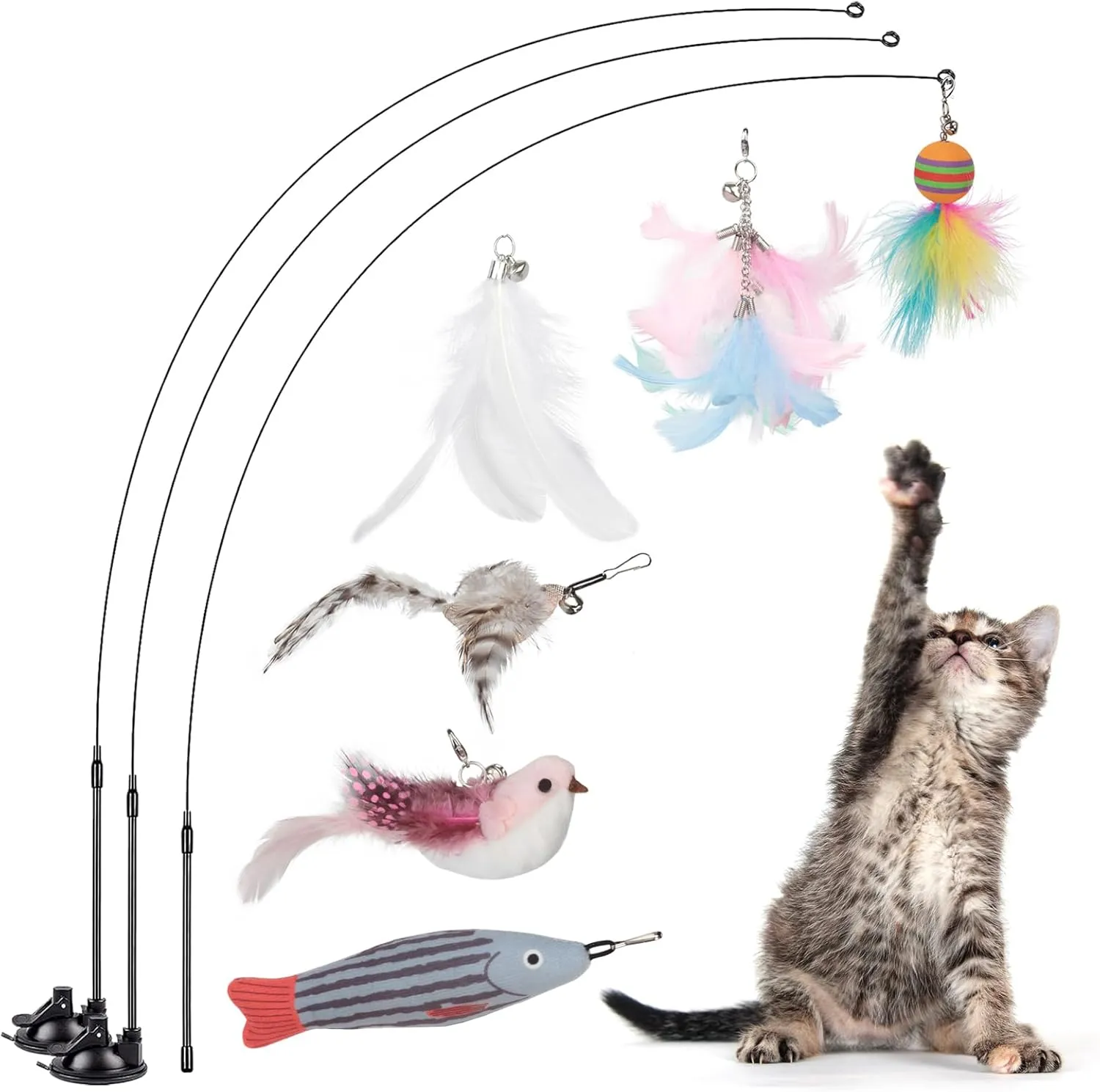 Cat Feather Toys, Interactive Cat Toy for Indoor Cats,Cat Wand Toys with 2 Suction Cup and 3 Wands, 3 in 1 Cat Toys for Bored Cats, Kitten Toy with Balls and Birds