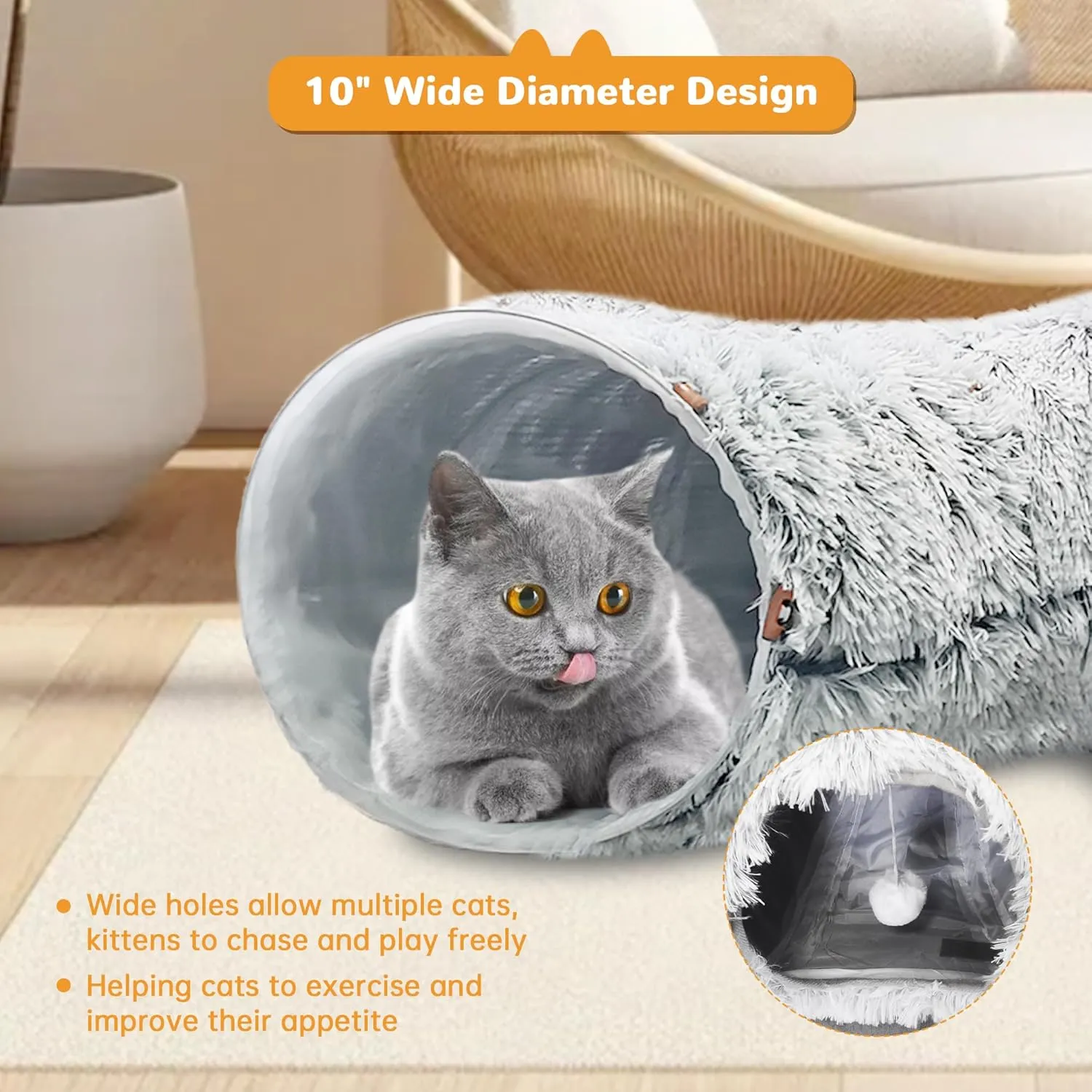 Cat Tunnel Bed with Furry Soft Mat,Cats Donut Tunnel for Indoor Kitten Large Cats to Chase and Play, Peekaboo Tube Cat Cave Toys,Foldable & Easy to Store,Diameter 31.5" (Grey)