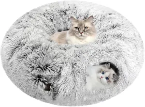 Cat Tunnel Bed with Furry Soft Mat,Cats Donut Tunnel for Indoor Kitten Large Cats to Chase and Play, Peekaboo Tube Cat Cave Toys,Foldable & Easy to Store,Diameter 31.5" (Grey)