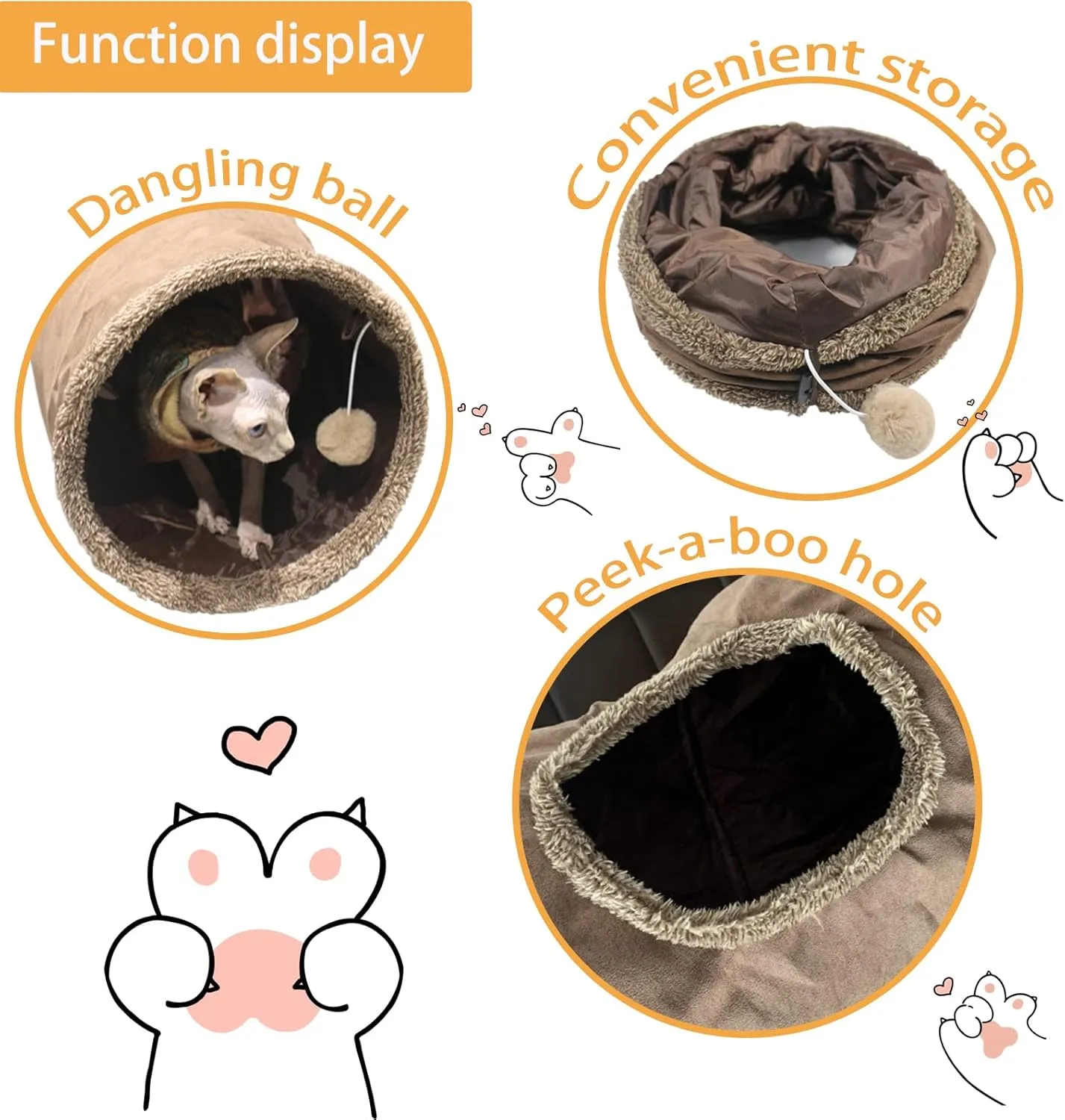 Cat Tunnel for Indoor Cats, 5112 inch Foldable Big Cat Tunnel, Brown Suede Pet Tunnels with Two Peepholes and a Bubble Ball