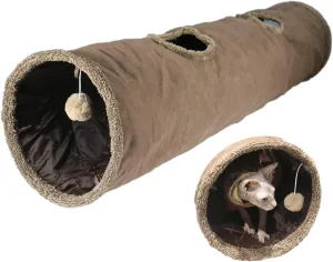 Cat Tunnel for Indoor Cats, 5112 inch Foldable Big Cat Tunnel, Brown Suede Pet Tunnels with Two Peepholes and a Bubble Ball