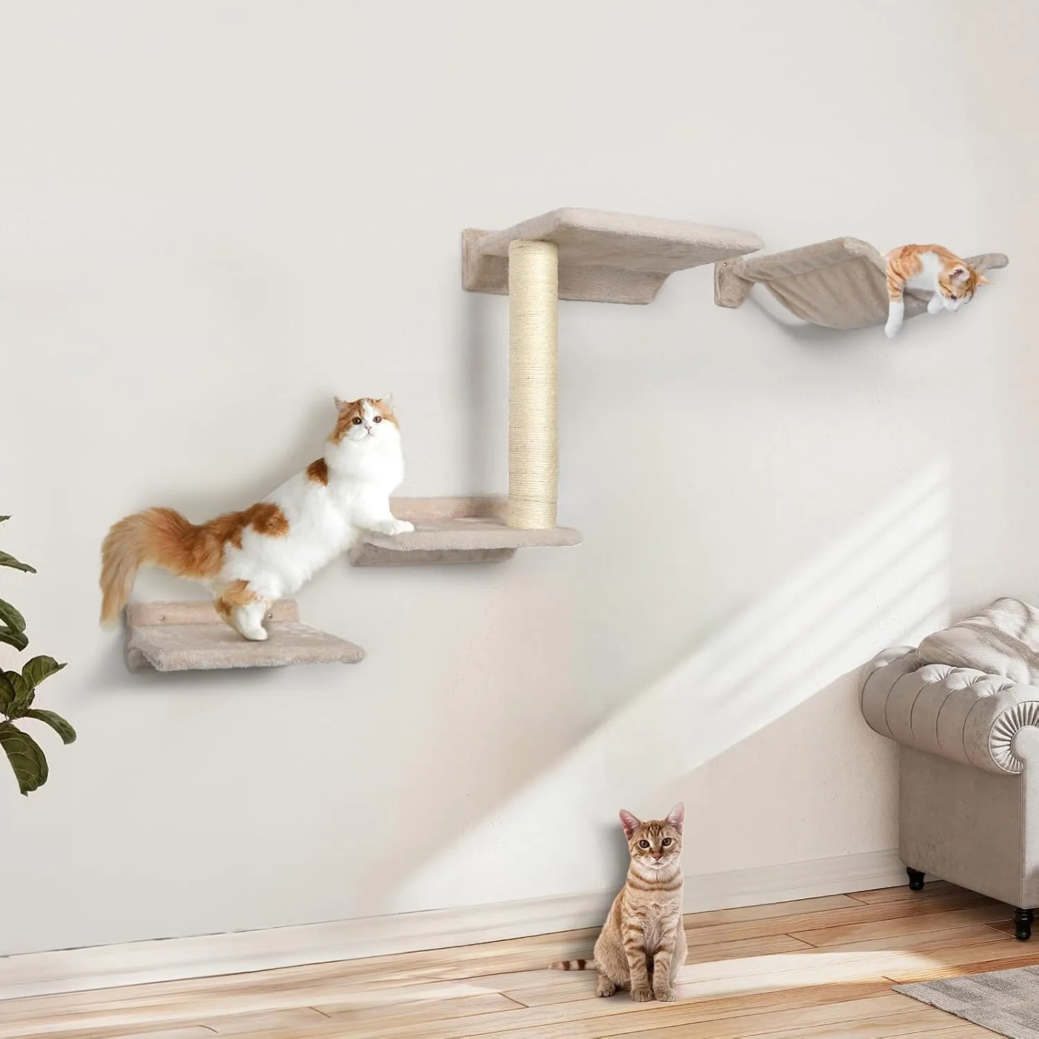 Cat Wall Shelves - 5 Pcs Wall-Mounted Cat Furniture Tree Climbing Wall, Including 2 Steps, 1 Perches, 1 Hammock, 1 Sisal Scratcher Post, DIY Playground for Large Cats