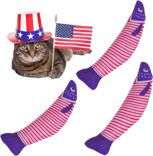 Catnip Fish Toys  Stars and Stripes Plush Cat Toys for Indoor Cats, Independence Day Themed Kicker Toy for Cats and Kittens, 4th of July Cat Gifts, 3-Pack