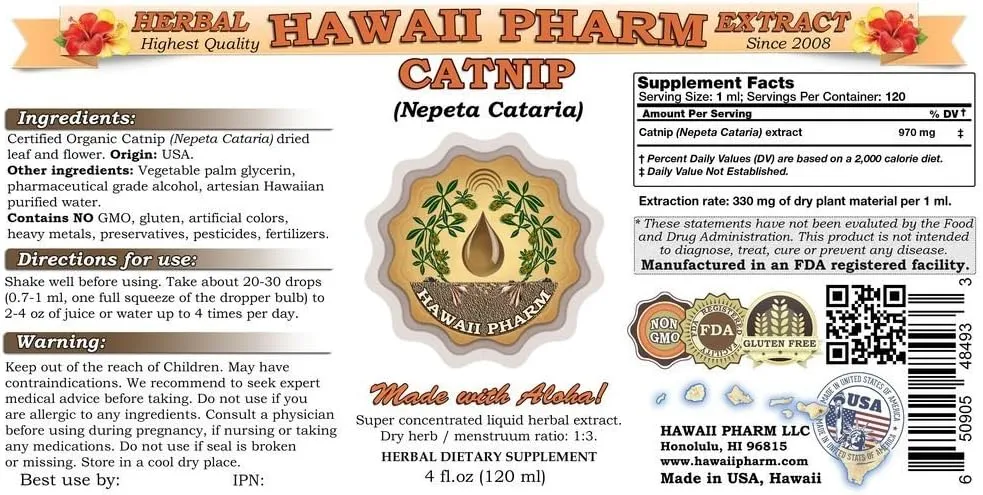 Catnip Liquid Extract, Organic Catnip (Nepeta Cataria) Tincture Supplement 4 oz