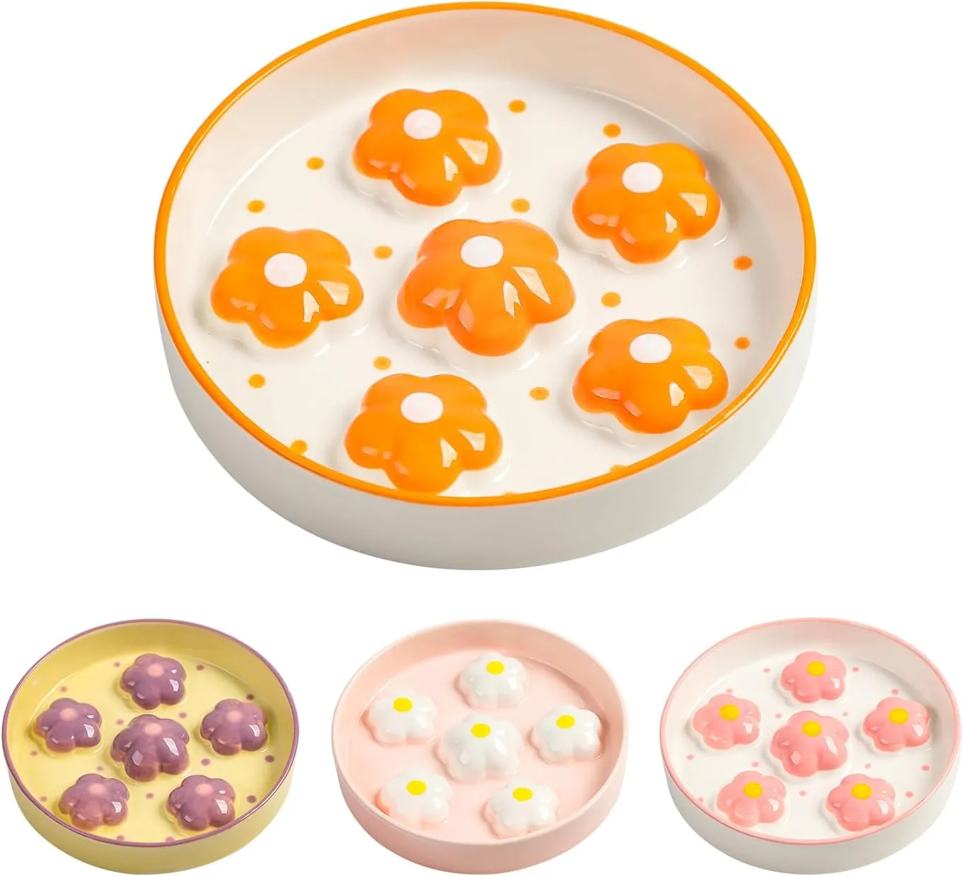 Ceramic Cat Slow Feeder Bowl - 6 OZ Puzzle Food Dish for Healthy Eating - Shallow Wide Whisker Friendly - Dishwasher Safe - 6.3''W x 1.2''H - 6 OZ - Bright Orange Flower
