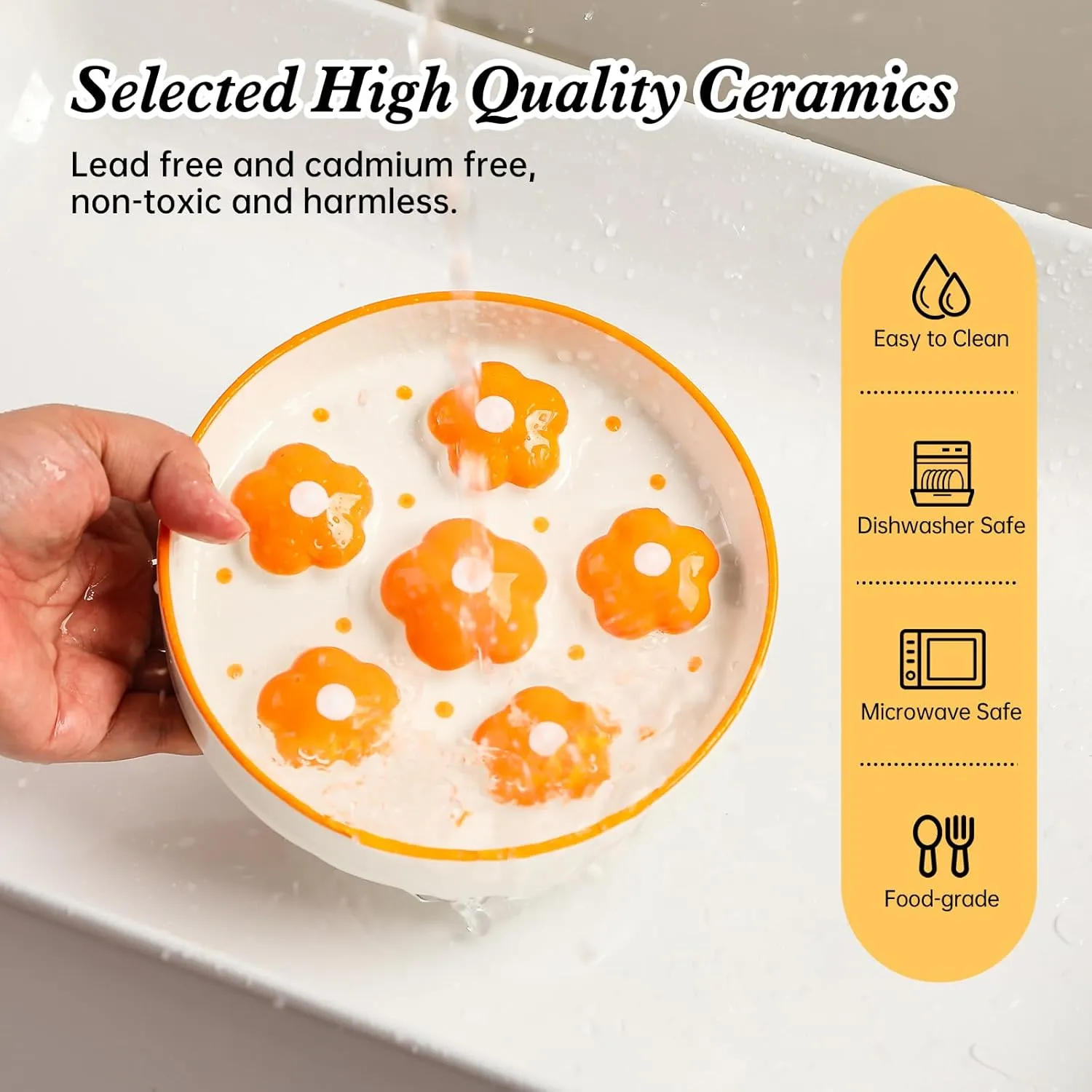 Ceramic Cat Slow Feeder Bowl - 6 OZ Puzzle Food Dish for Healthy Eating - Shallow Wide Whisker Friendly - Dishwasher Safe - 6.3''W x 1.2''H - 6 OZ - Bright Orange Flower