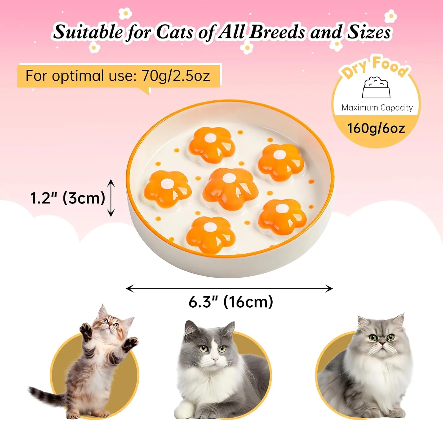Ceramic Cat Slow Feeder Bowl - 6 OZ Puzzle Food Dish for Healthy Eating - Shallow Wide Whisker Friendly - Dishwasher Safe - 6.3''W x 1.2''H - 6 OZ - Bright Orange Flower