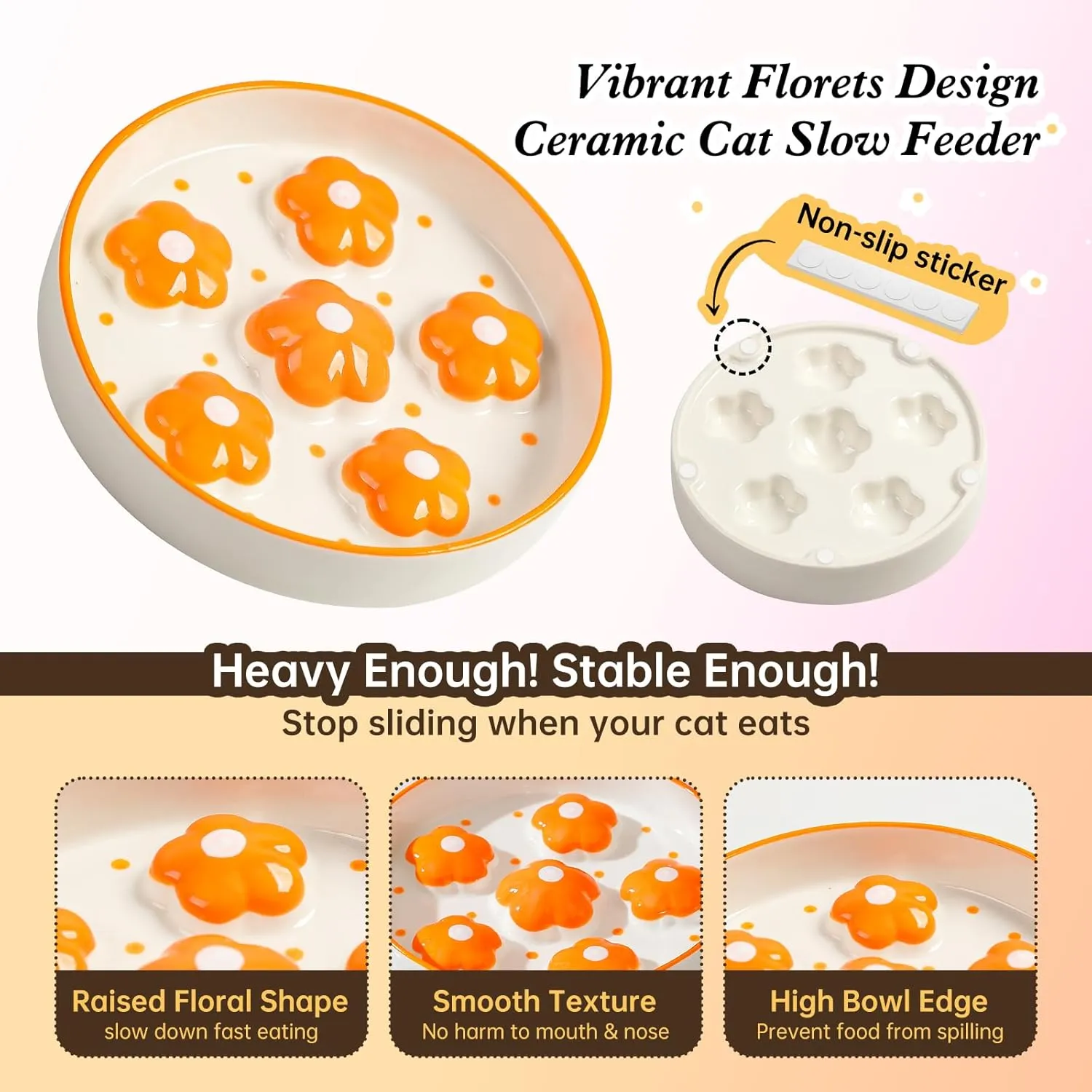 Ceramic Cat Slow Feeder Bowl - 6 OZ Puzzle Food Dish for Healthy Eating - Shallow Wide Whisker Friendly - Dishwasher Safe - 6.3''W x 1.2''H - 6 OZ - Bright Orange Flower