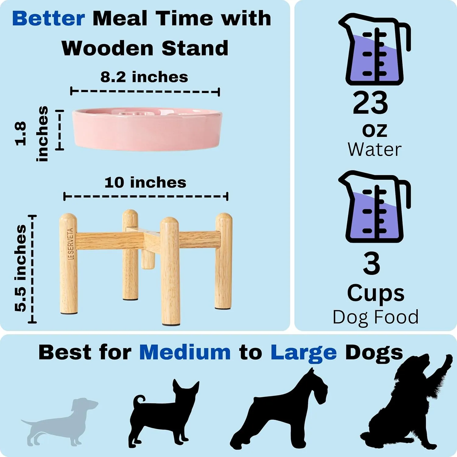 Ceramic Slow Feeder Dog Bowls, Raised, 3 Cups Elevated Slow Feeder with Wooden Stand for Medium Large Breed, Puzzle Dog Food Bowl, Flower (Pink)