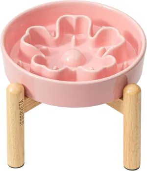Ceramic Slow Feeder Dog Bowls, Raised, 3 Cups Elevated Slow Feeder with Wooden Stand for Medium Large Breed, Puzzle Dog Food Bowl, Flower (Pink)