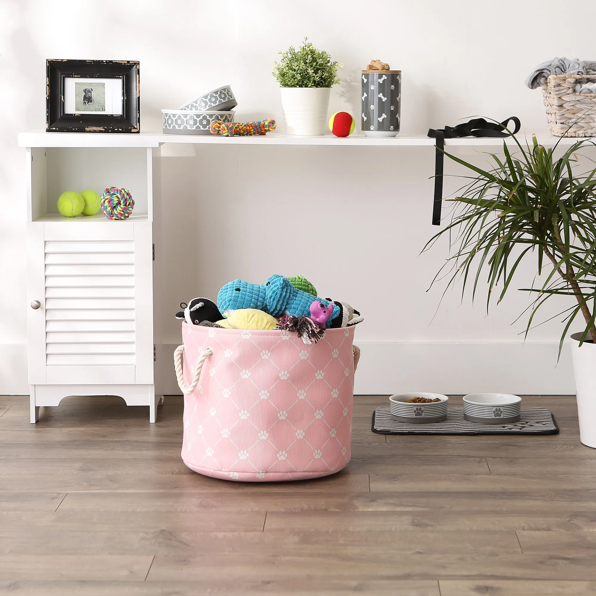 Collapsible Pet Storage Collapsible Bin, Trellis Paw Print, Pink, Medium Round - 15x12"