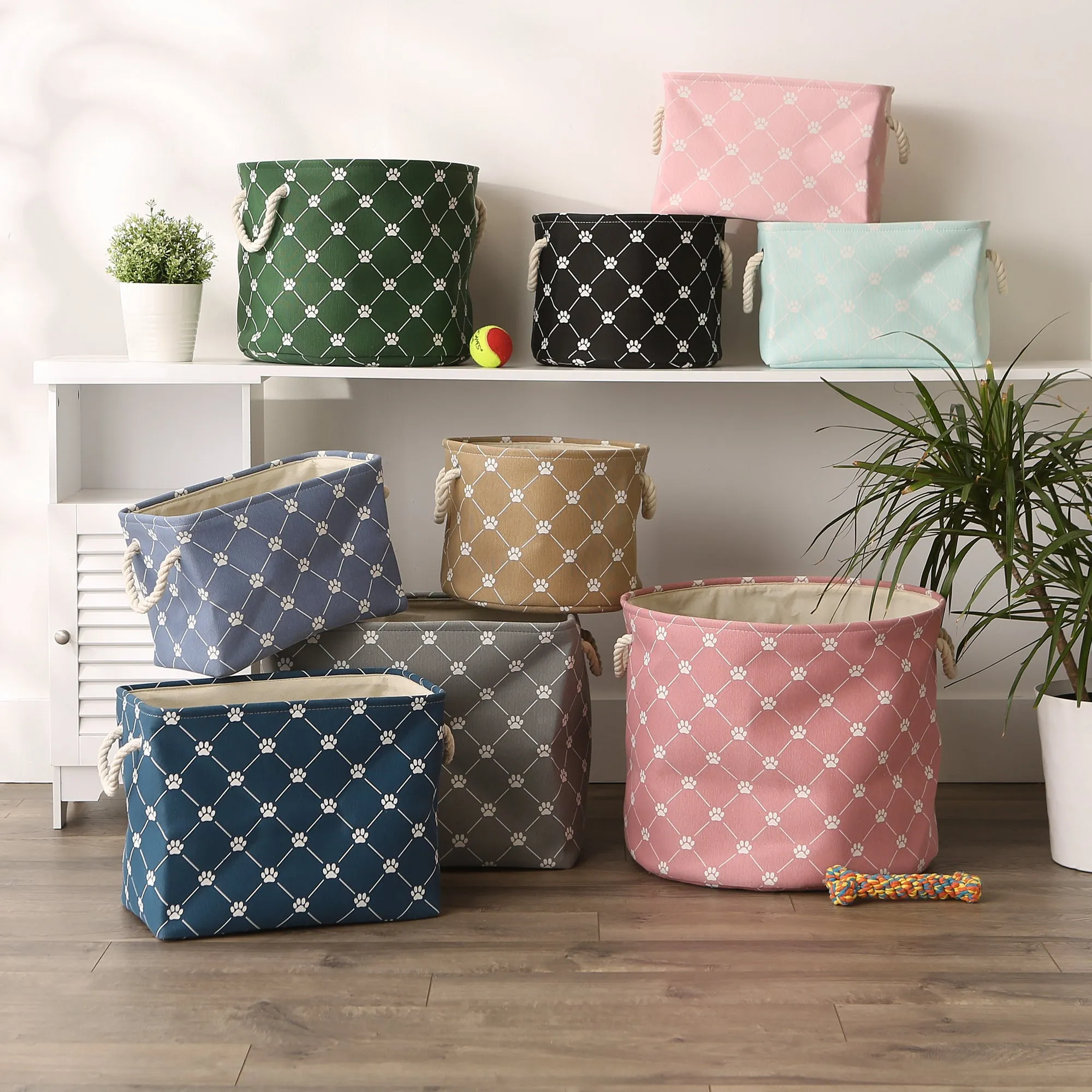 Collapsible Pet Storage Collapsible Bin, Trellis Paw Print, Pink, Medium Round - 15x12"