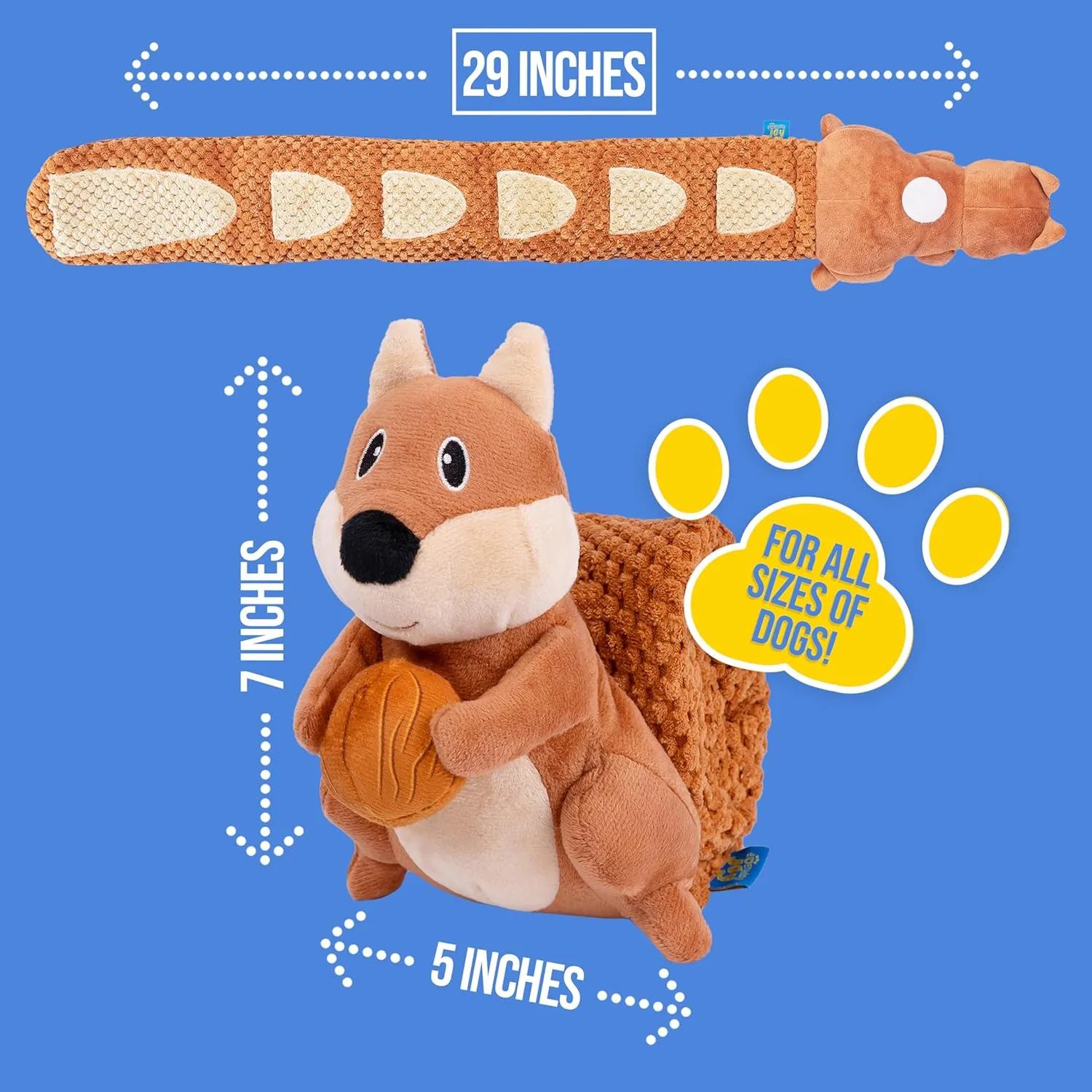 Crinkle Dog Toy Plush Toy - Long Tug-of-War Squeaky Dog Toy Boredom Buster Toys with Snack Pockets - Durable Enrichment Mentally Stimulating Toys for Dogs Small, Medium, Large - Squirrel