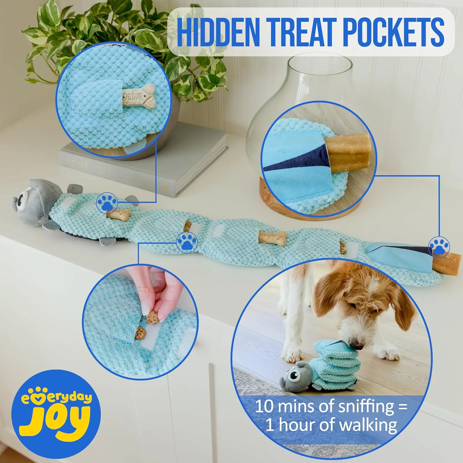 Crinkle Dog Toy Plush Toy - Long Tug-of-War Squeaky Dog Toy Boredom Buster Toys with Snack Pockets - Mentally Stimulating Toys for Dogs Small, Medium, Large - Rhino (Rhino)