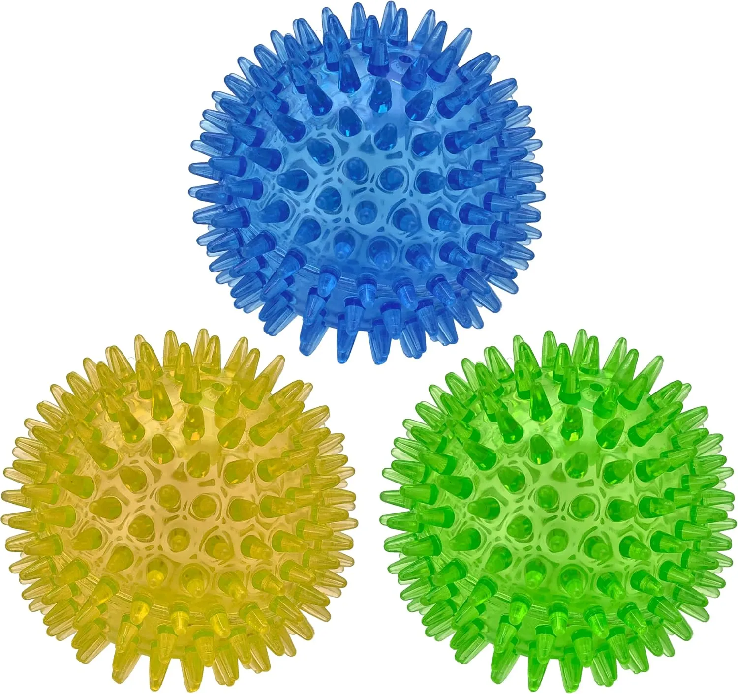 Cutie's PetBox Squeaky Rubber Spike Toy Ball for Medium, Large Dogs, 3-Colors Blue Green Yellow (3.5 Inch, Multi-Pack)