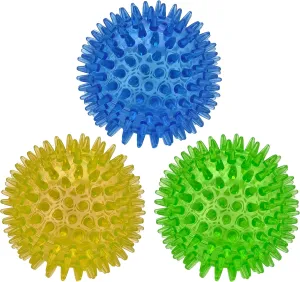 Cutie's PetBox Squeaky Rubber Spike Toy Ball for Medium, Large Dogs, 3-Colors Blue Green Yellow (3.5 Inch, Multi-Pack)