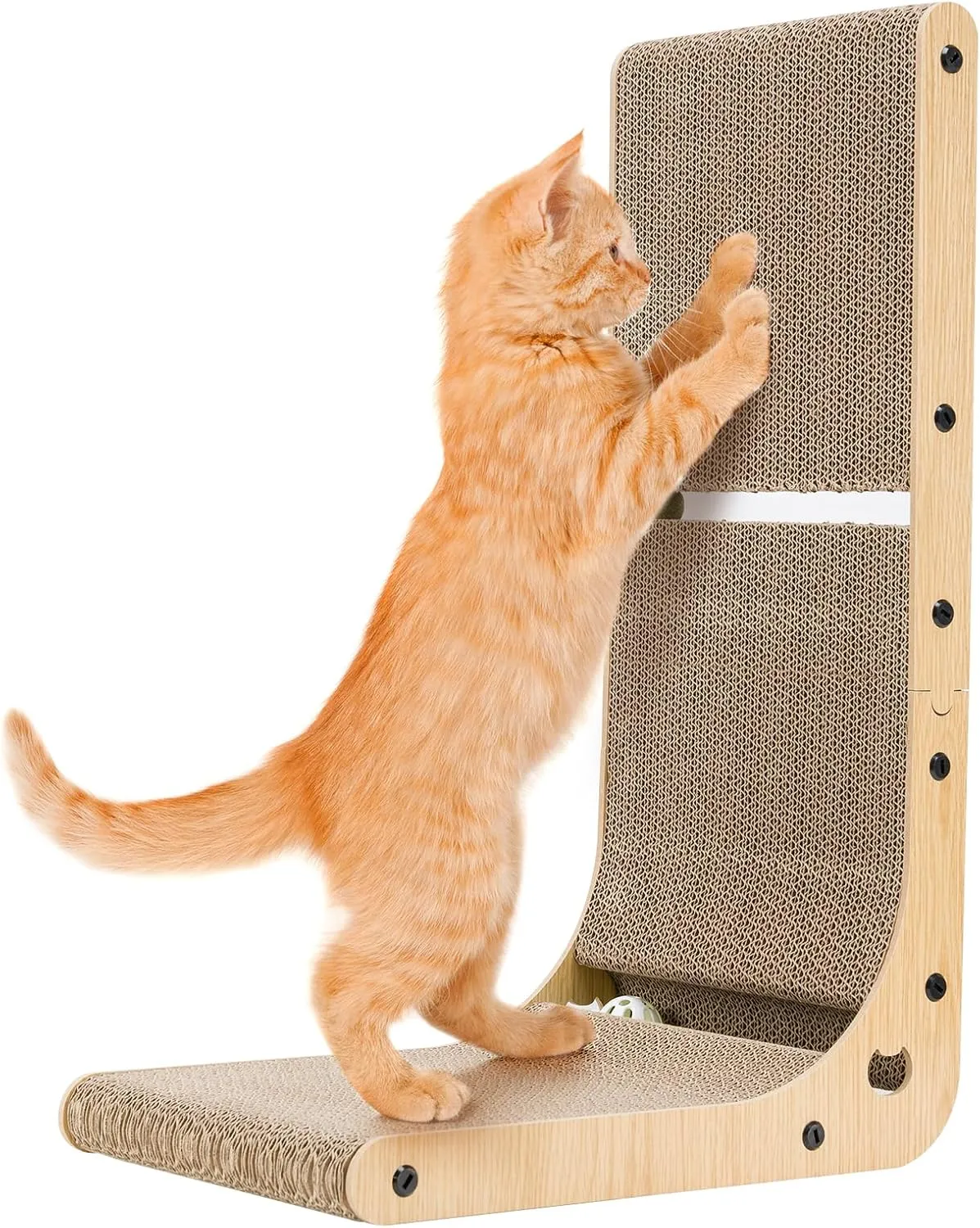 Dimaka L-Shaped Cat Scratching Board, 23.6 inches, Vertical Cat Scratch Cardboard with Built-in Catnip Ball and Interactive Toy Ball for All Cats and Kittens. (23.6" Tall)