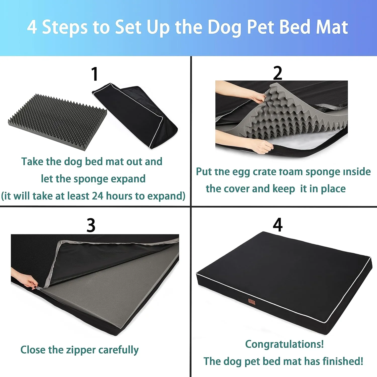 Dog Bed Mats for Large Big Dogs - Orthopedic Dog Pet Bed Thick Egg Foam Crate, Removable Washable Cover, Non-Slip Bottom Durable Dog Crate Bed Mat (Black, XXXL(54''x42''x4''))
