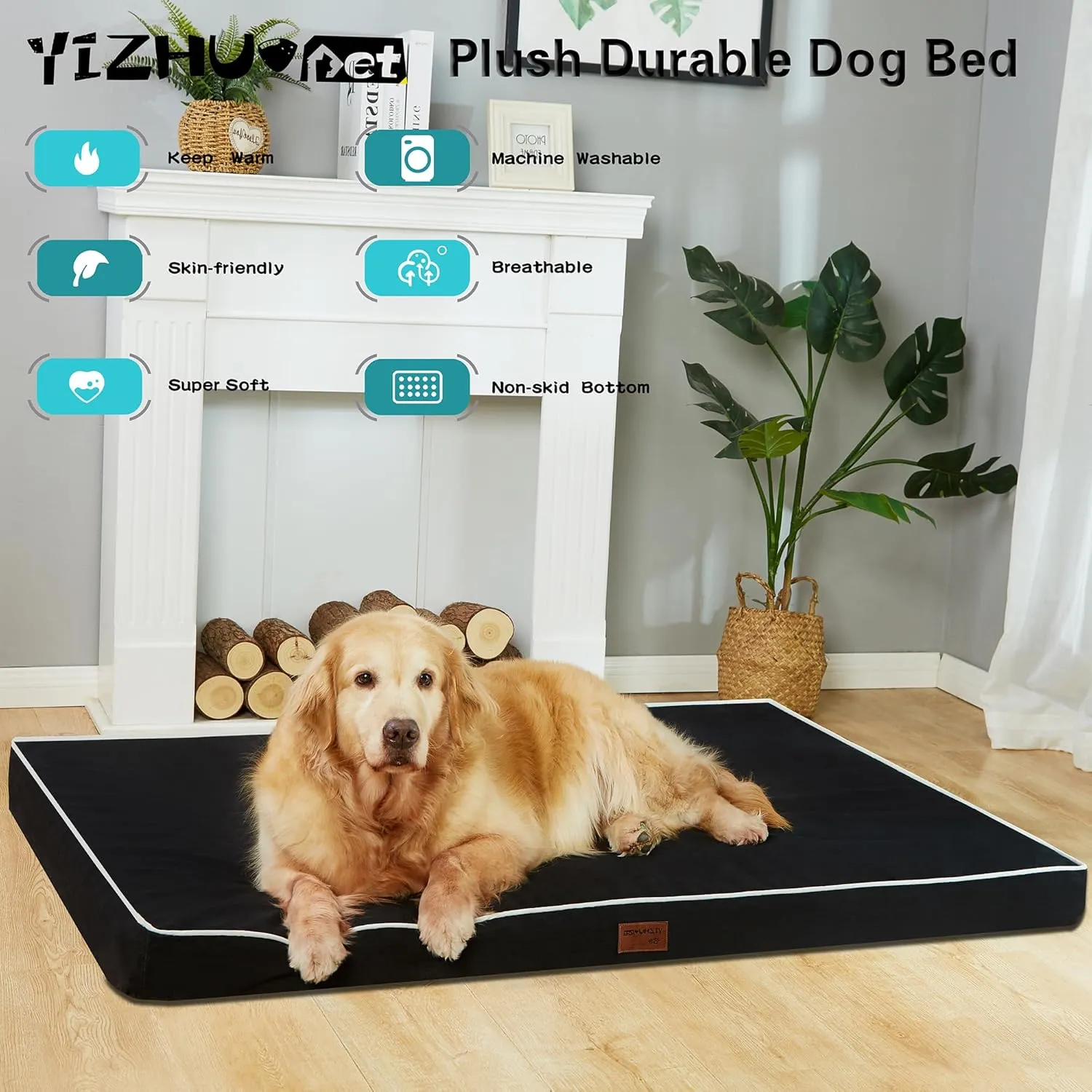 Dog Bed Mats for Large Big Dogs - Orthopedic Dog Pet Bed Thick Egg Foam Crate, Removable Washable Cover, Non-Slip Bottom Durable Dog Crate Bed Mat (Black, XXXL(54''x42''x4''))