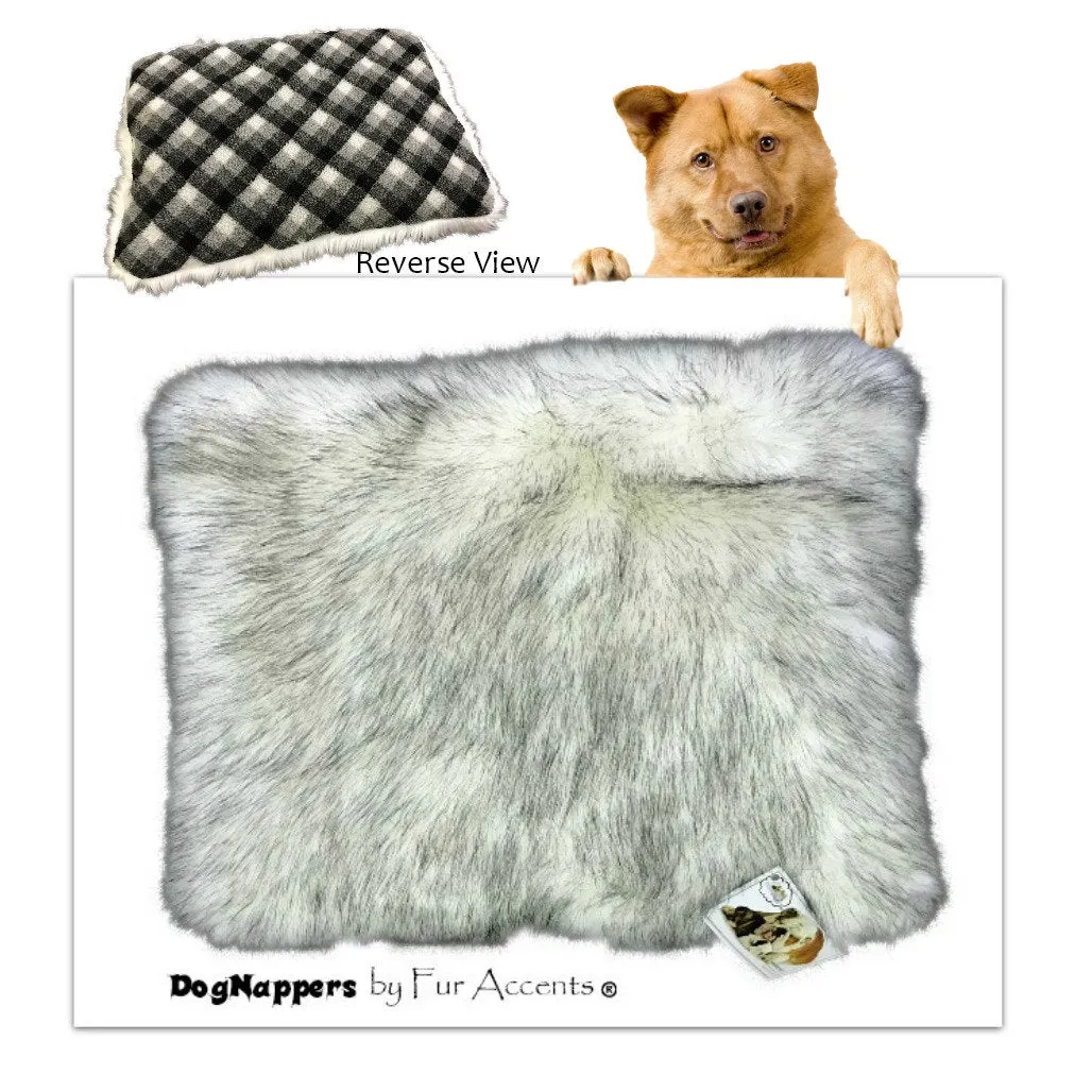 Dog Bed - Pet - Cat Mat - Faux Fur Shaggy Gray Tip Arctic Wolf and Plaid Fleece - Sheepskin - Soft Padded - Reversible - Dognappers